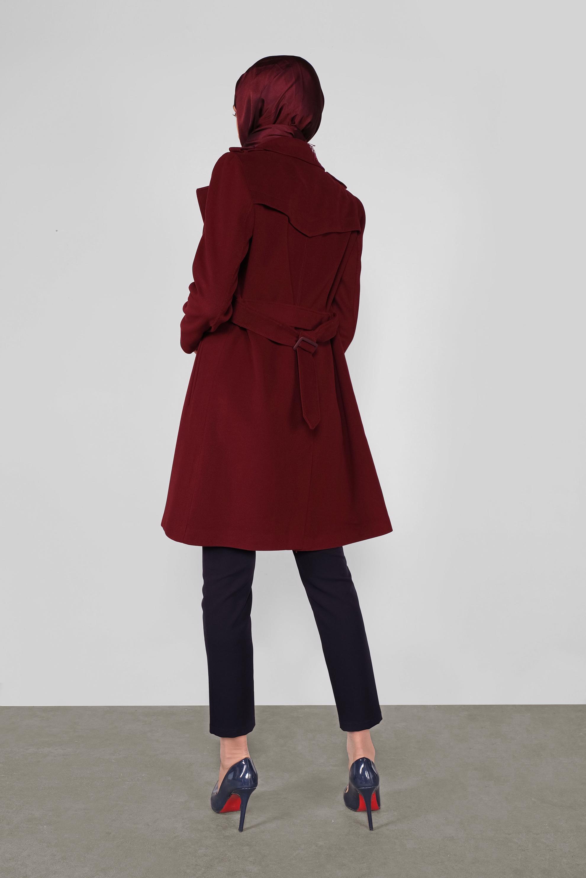 Tesettür giyim BORDO DÜĞMELİ KLASİK KABAN 90136