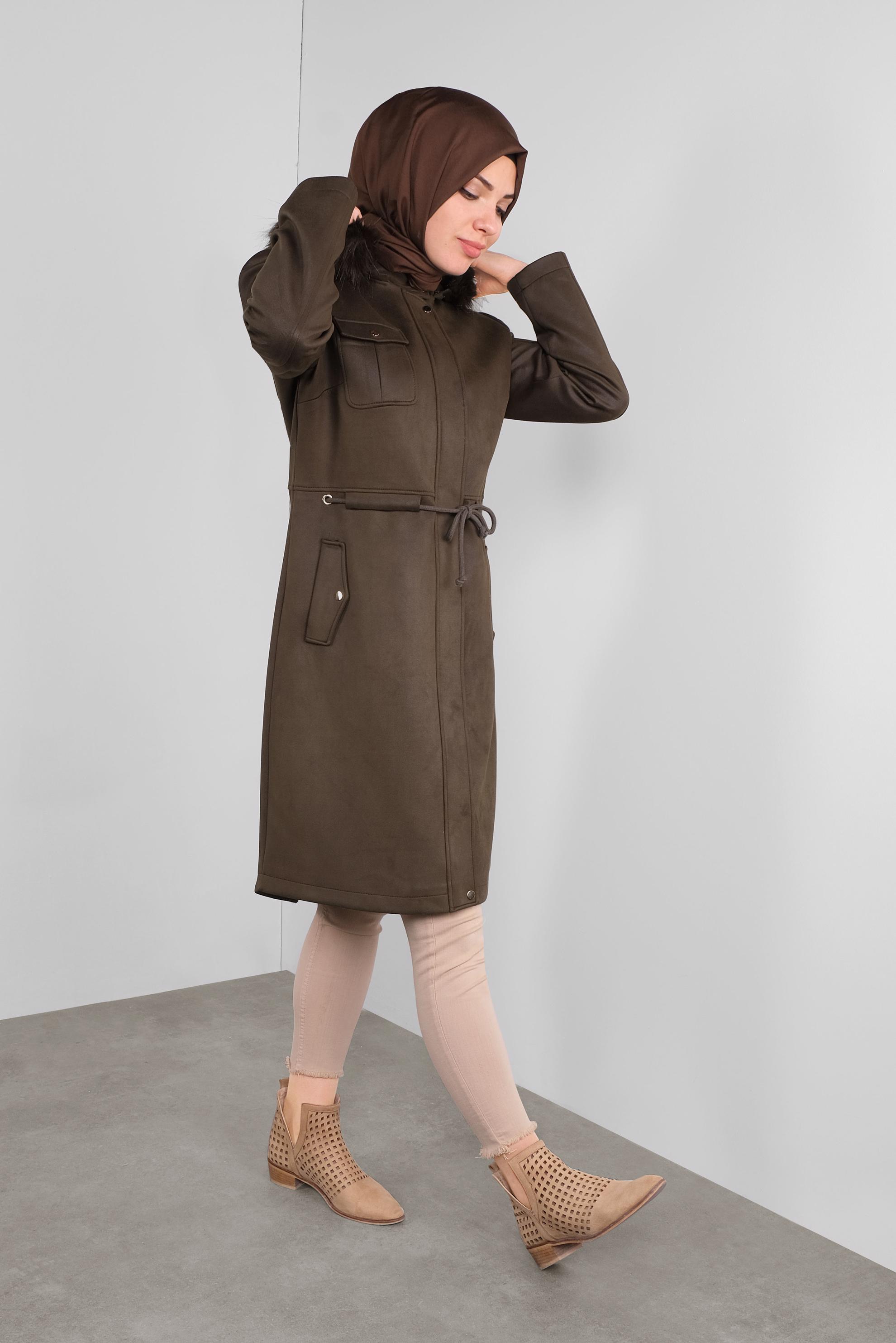 Tesettür giyim HAKİ KÜRKLÜ KAPÜŞONLU KABAN 90144 