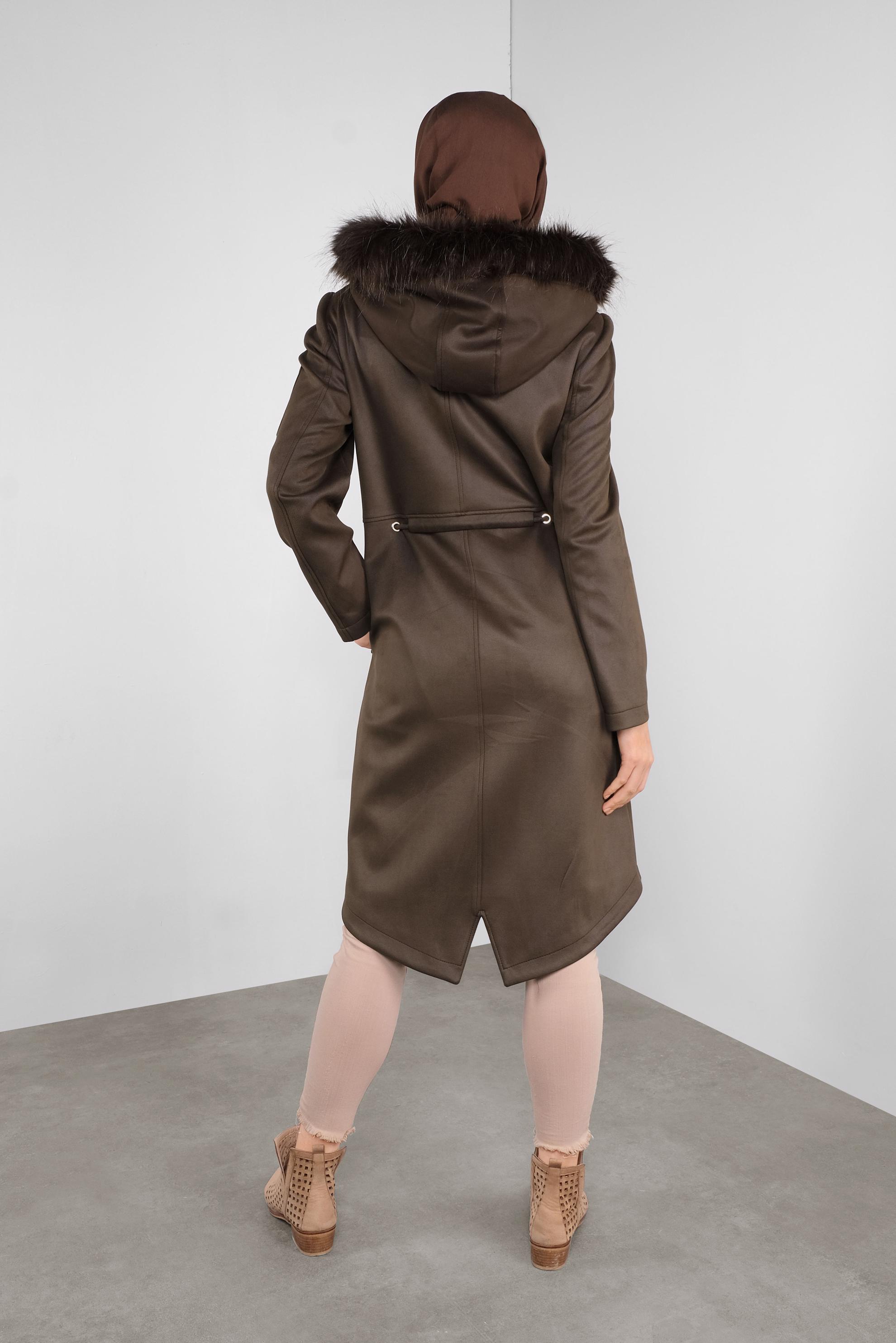 Tesettür giyim HAKİ KÜRKLÜ KAPÜŞONLU KABAN 90144 