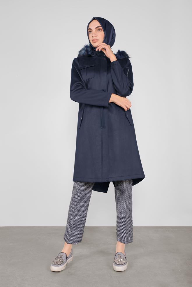 Vêtements hijab  CABAN À CAPUCHE EN EFFET FOURRURE 90144  - ALVİNA