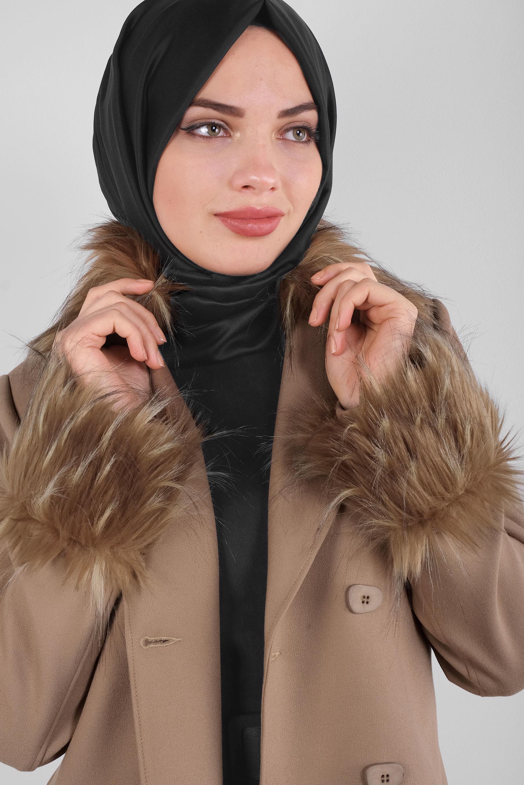 Tesettür giyim KAHVE KÜRK DETAYLI KAŞE KABAN 90156 