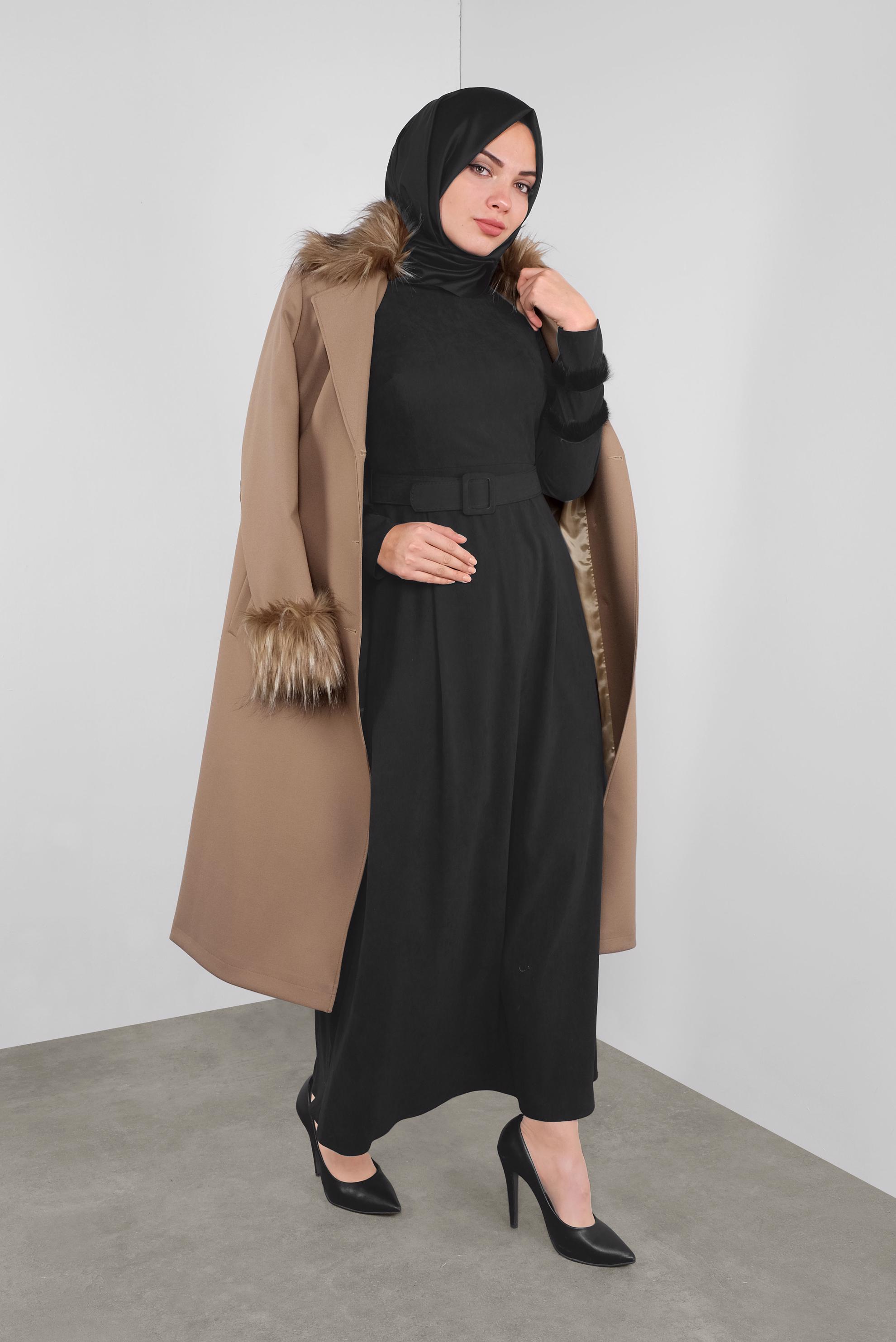 Tesettür giyim KAHVE KÜRK DETAYLI KAŞE KABAN 90156 