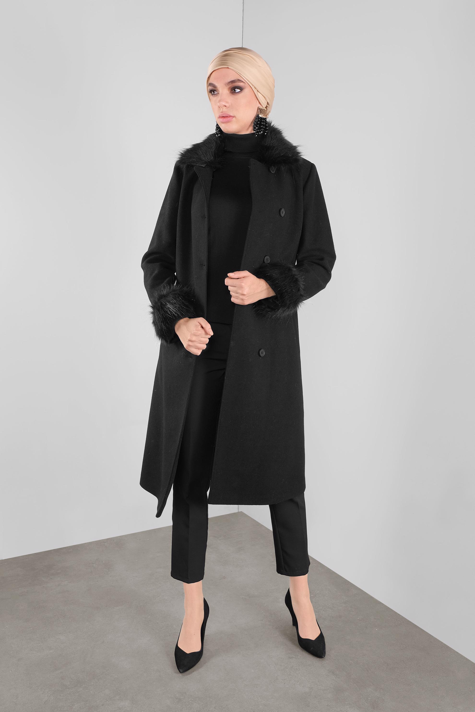 Tesettür giyim SİYAH KÜRKLÜ KUŞAKLI KAŞE KABAN 90164 