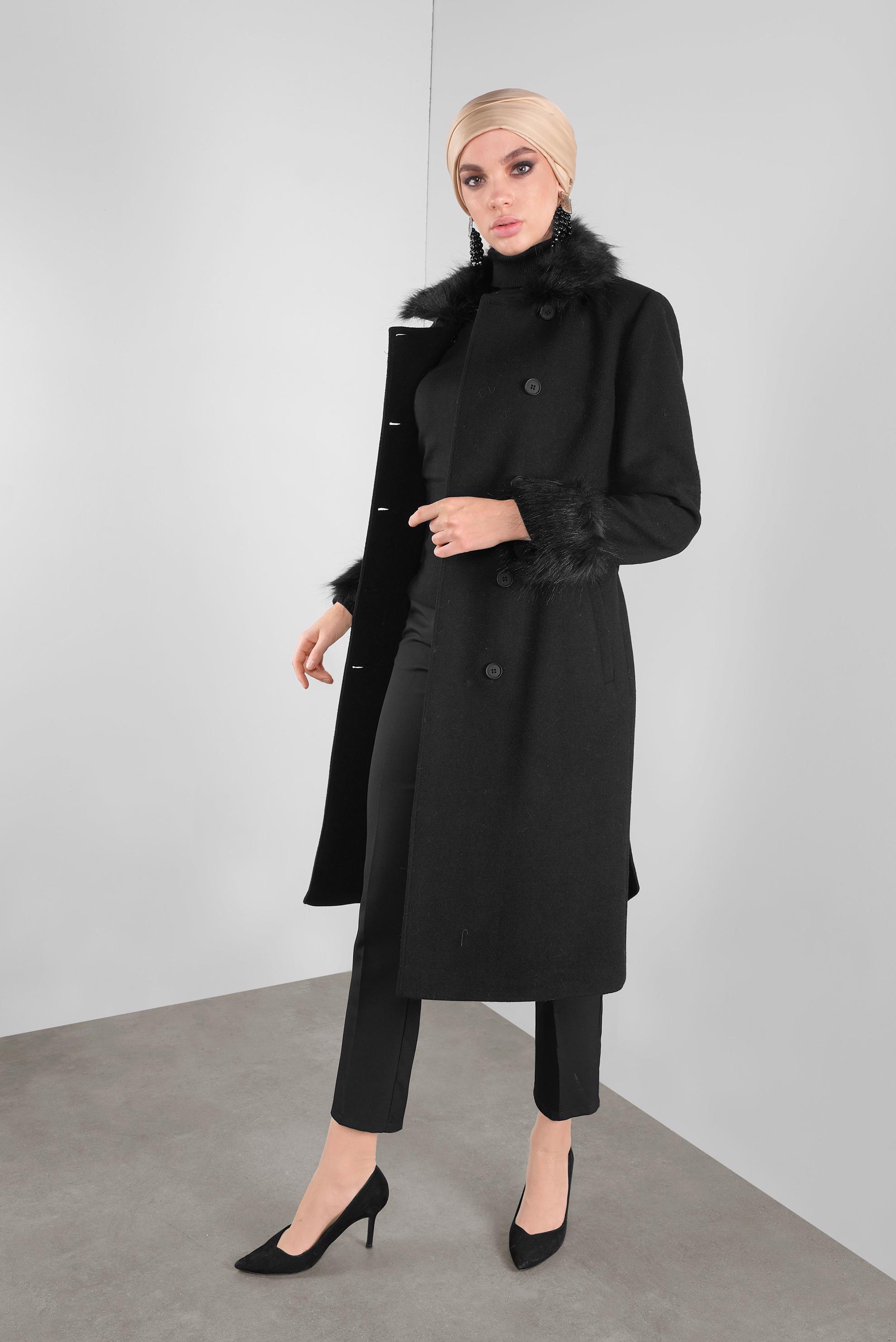 Tesettür giyim SİYAH KÜRKLÜ KUŞAKLI KAŞE KABAN 90164 