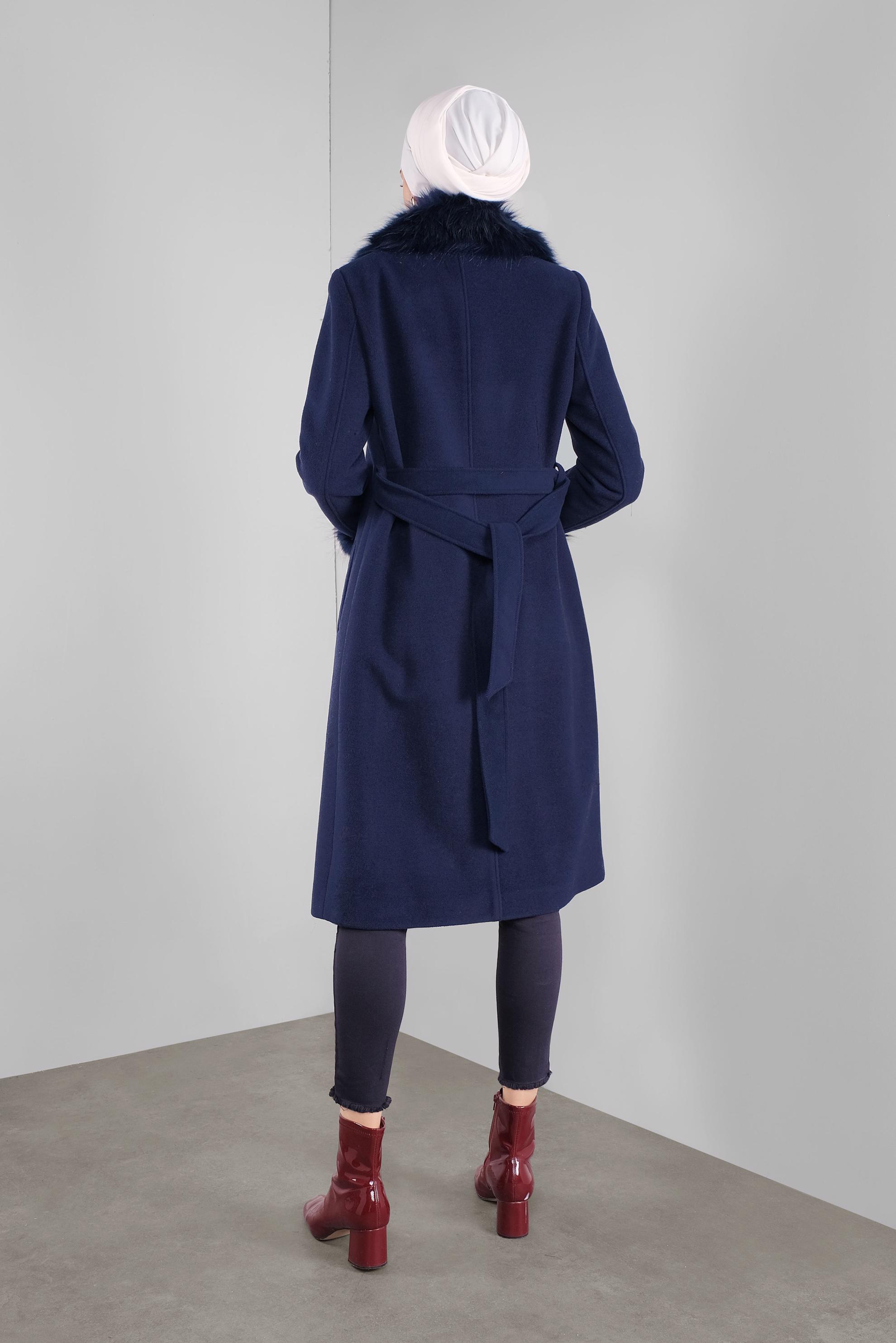 Hijab clothing NAVY BLUE FUR DETAILED COAT 90164 