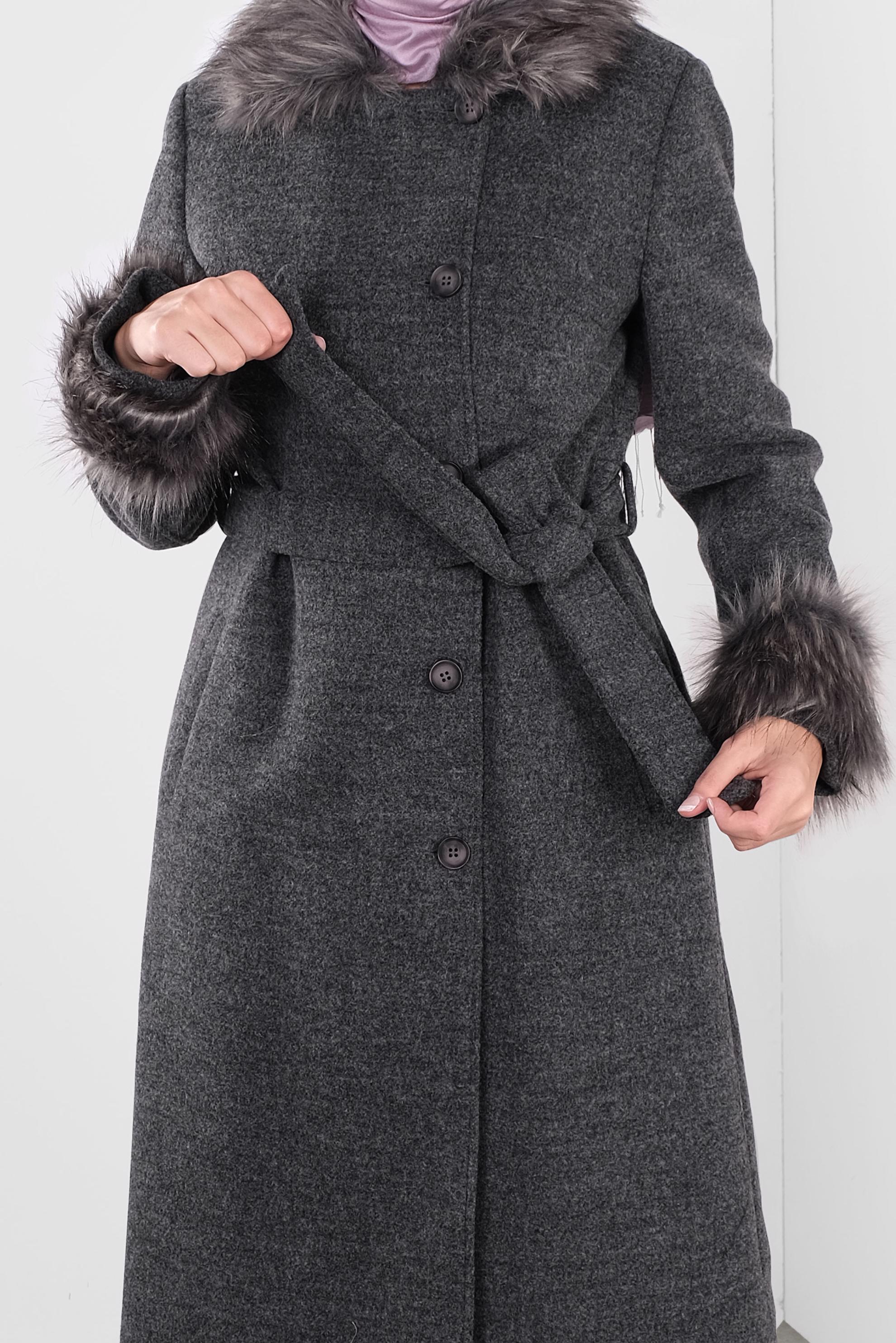 Tesettür giyim GRİ KÜRKLÜ KUŞAKLI KAŞE KABAN 90164 