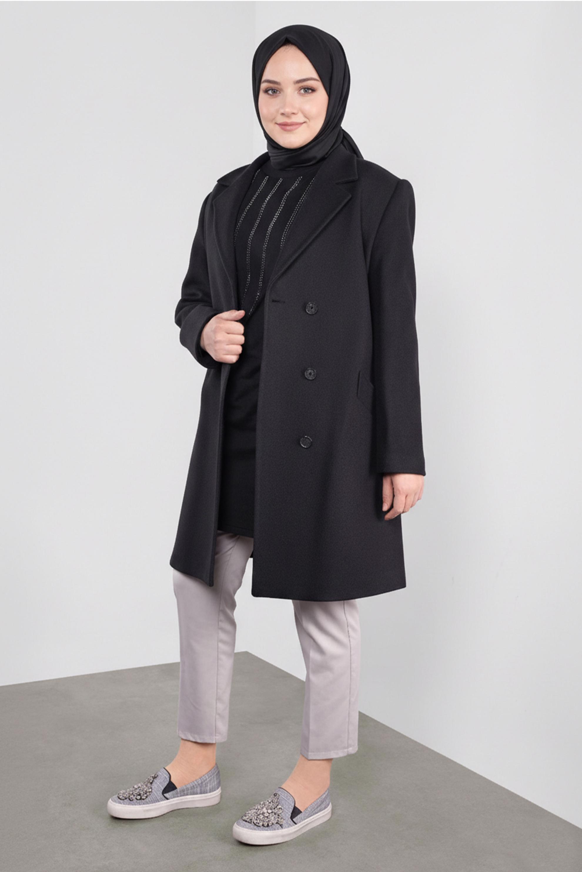 Hijab clothing BLACK DOUBLE-BREASTED CACHE COAT 90166