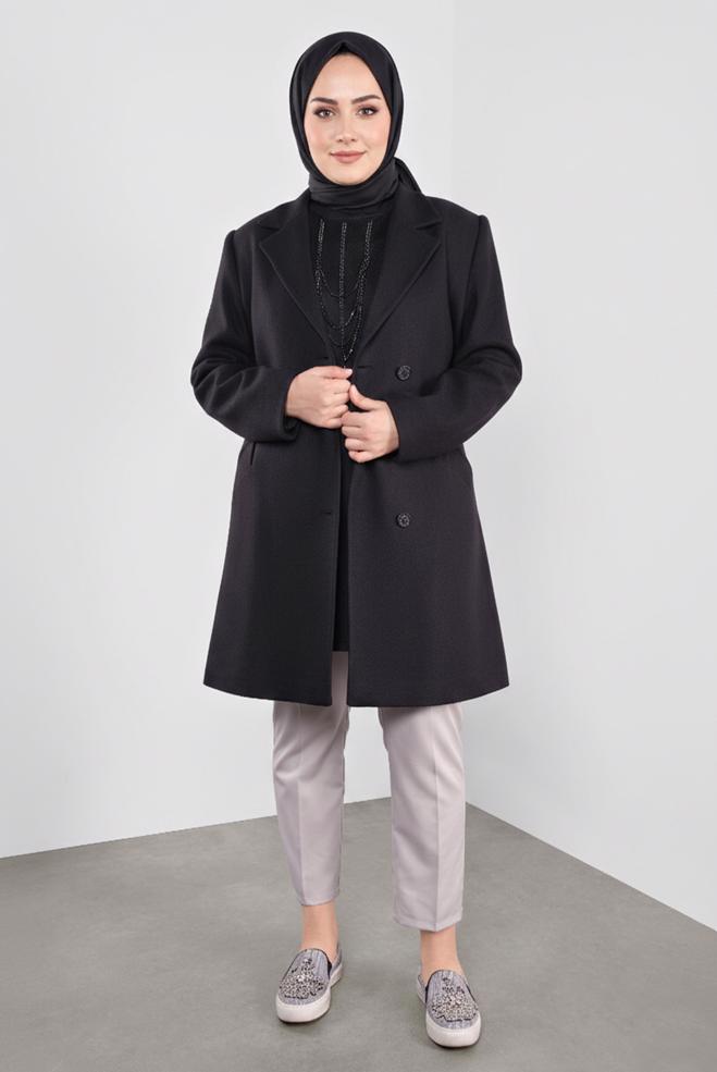 Hijab clothing BLACK DOUBLE-BREASTED CACHE COAT 90166 - ALVİNA