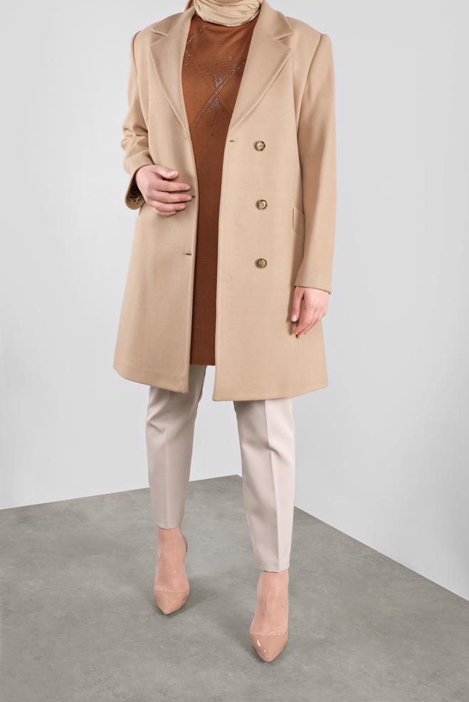 Tesettür giyim KAHVE KRUVAZE YAKA KAŞE KABAN 90166  - ALVİNA