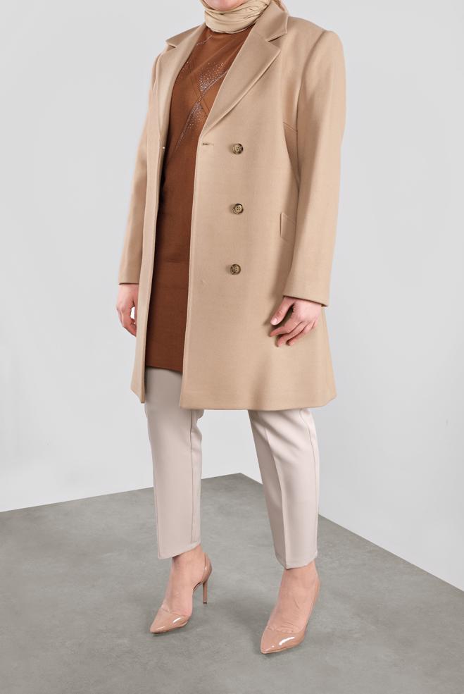 Tesettür giyim KAHVE KRUVAZE YAKA KAŞE KABAN 90166  - ALVİNA