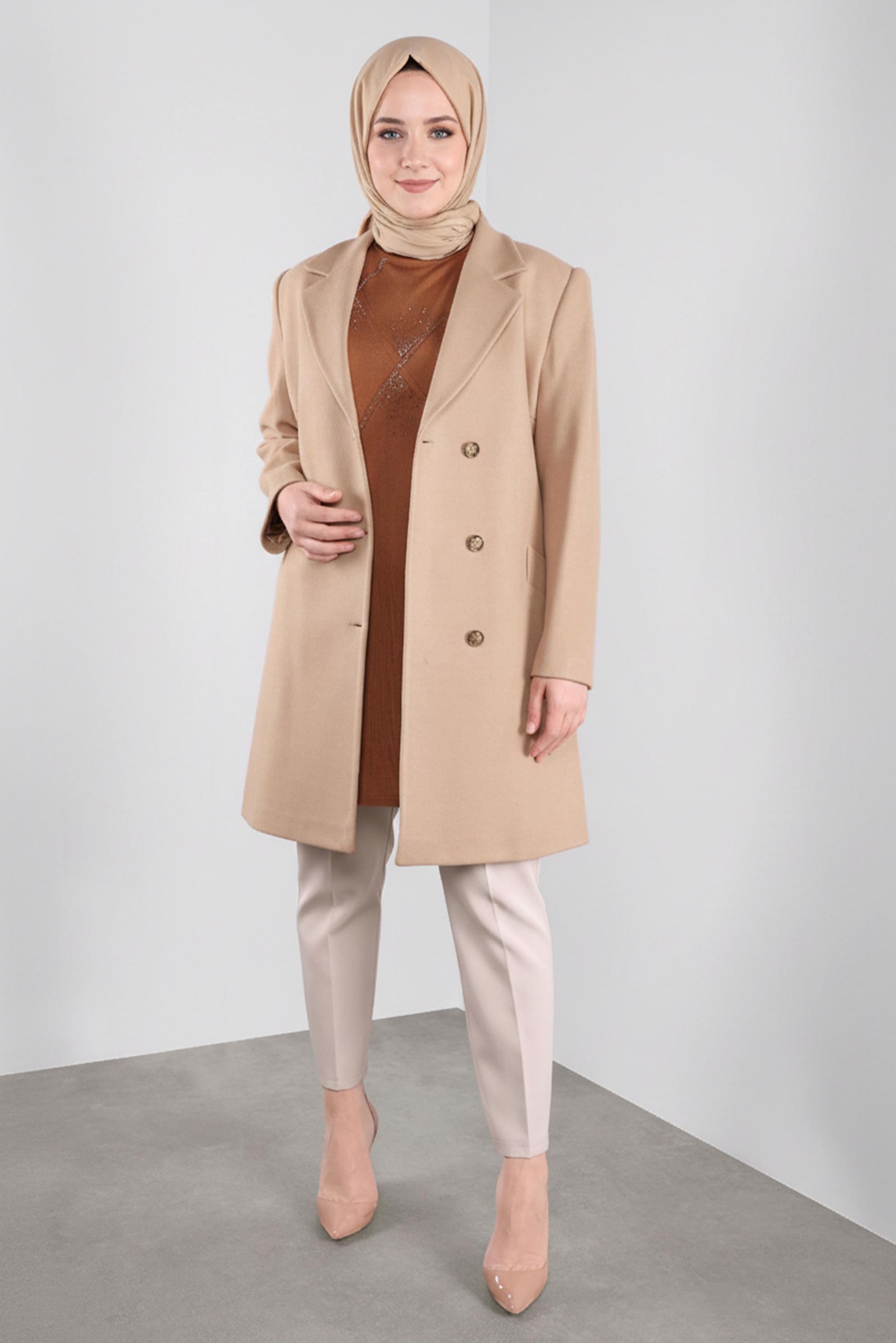 Hijab clothing BROWN DOUBLE-BREASTED CACHE COAT 90166