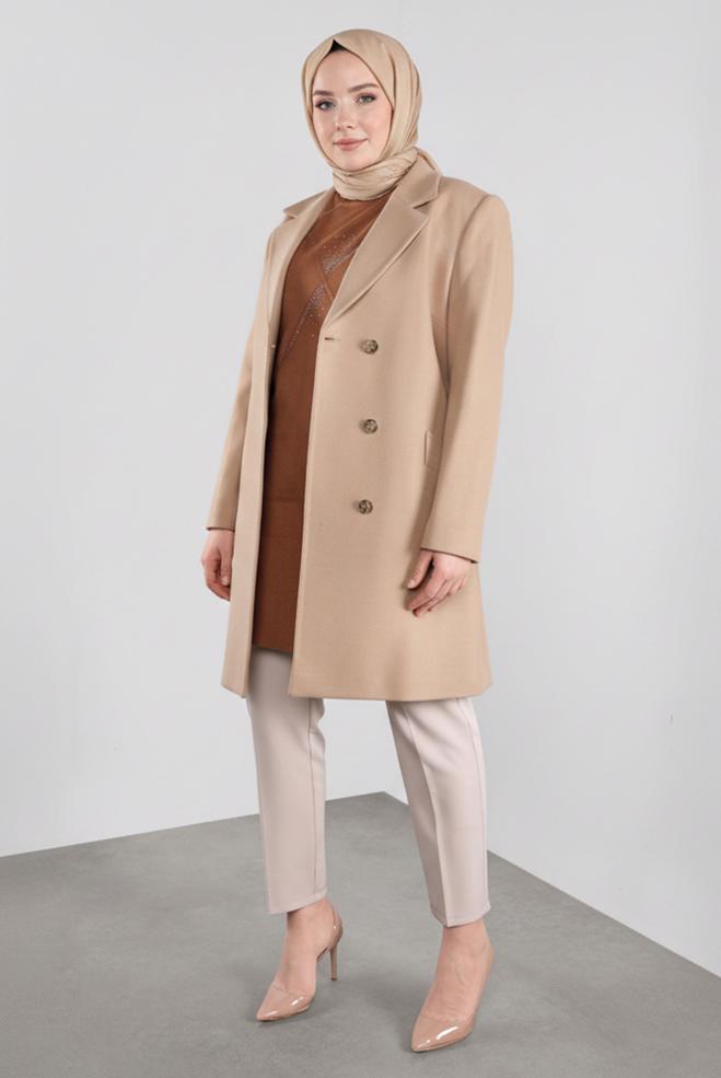 Hijab clothing BROWN DOUBLE-BREASTED CACHE COAT 90166 - ALVİNA