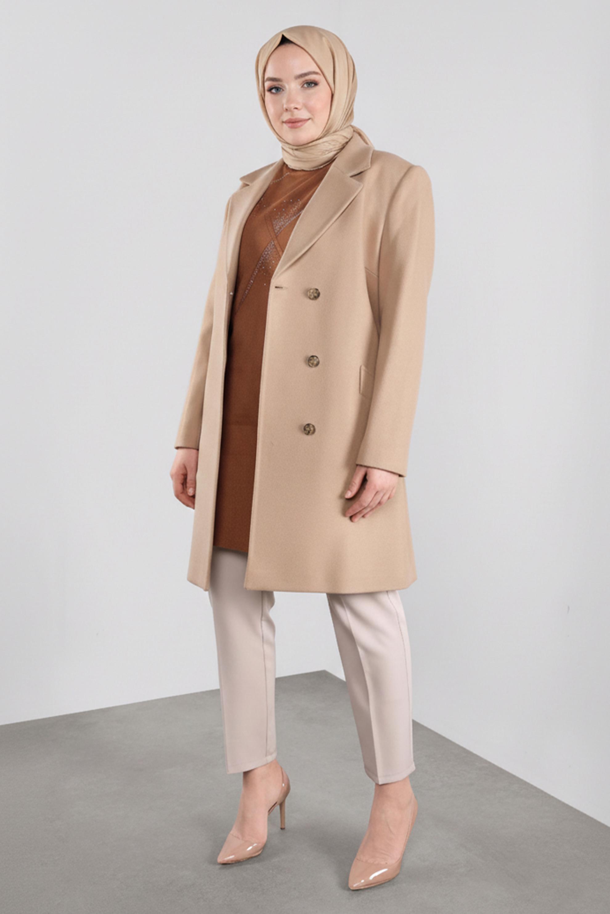 Hijab clothing BROWN DOUBLE-BREASTED CACHE COAT 90166