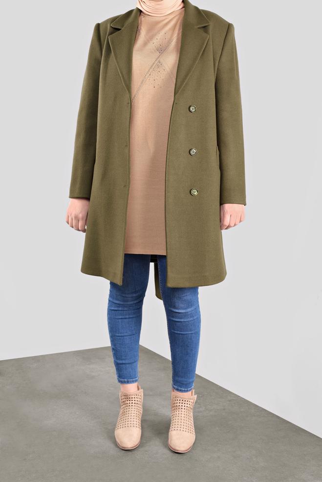 Tesettür giyim HAKİ KRUVAZE YAKA KAŞE KABAN 90166  - ALVİNA