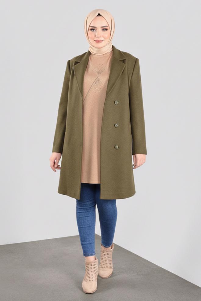 Hijab clothing KHAKI DOUBLE-BREASTED CACHE COAT 90166 - ALVİNA