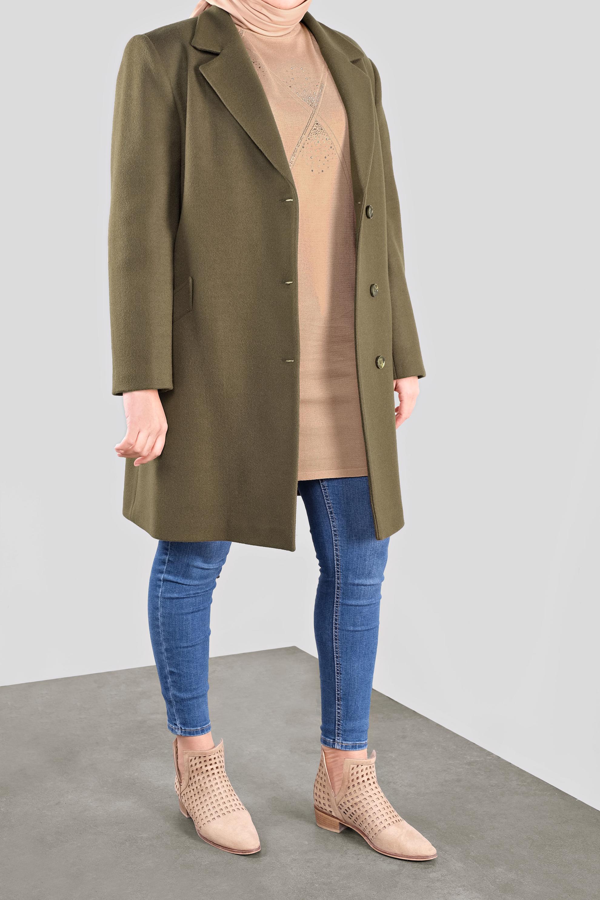 Tesettür giyim HAKİ KRUVAZE YAKA KAŞE KABAN 90166 