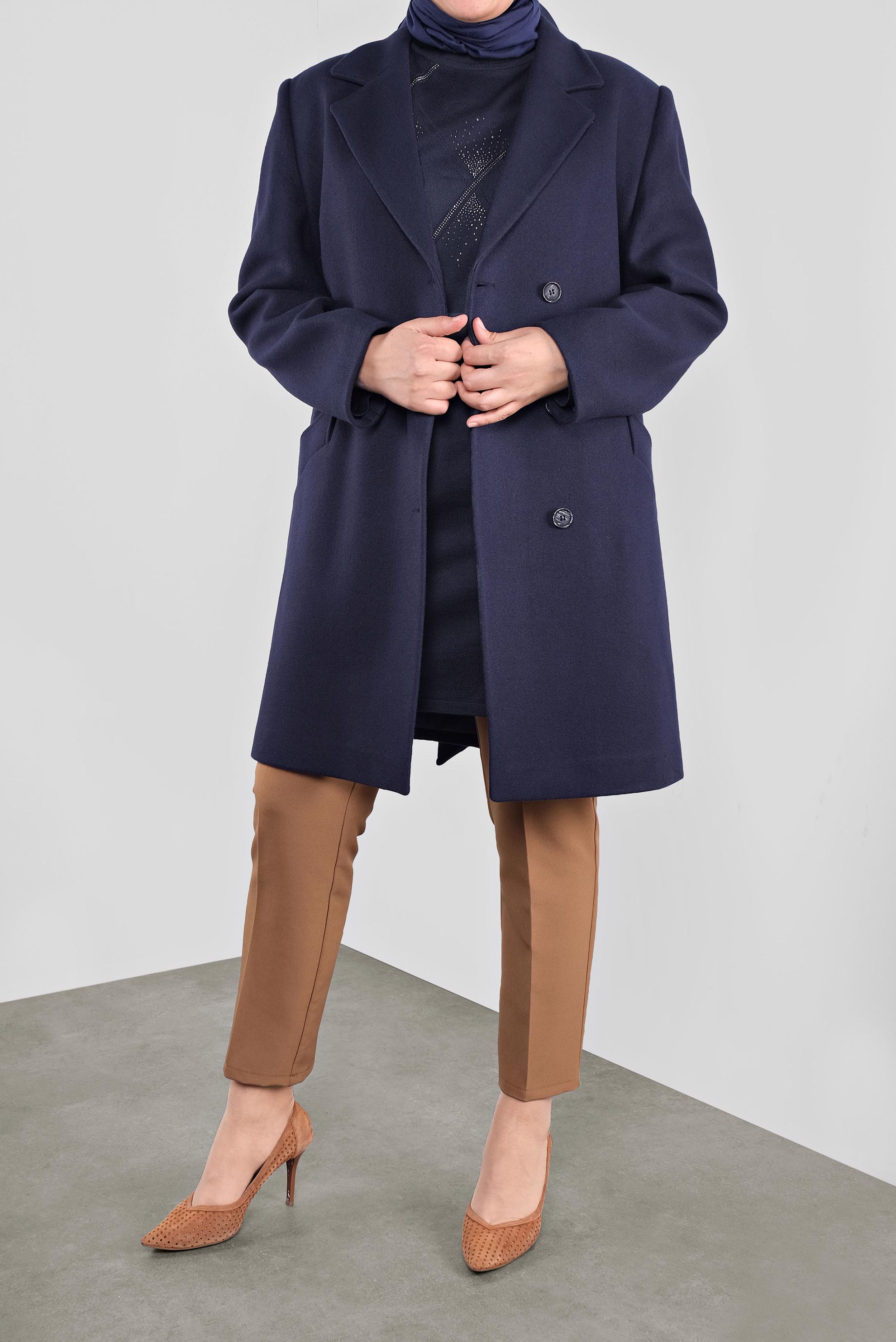 Tesettür giyim LACİVERT KRUVAZE YAKA KAŞE KABAN 90166 