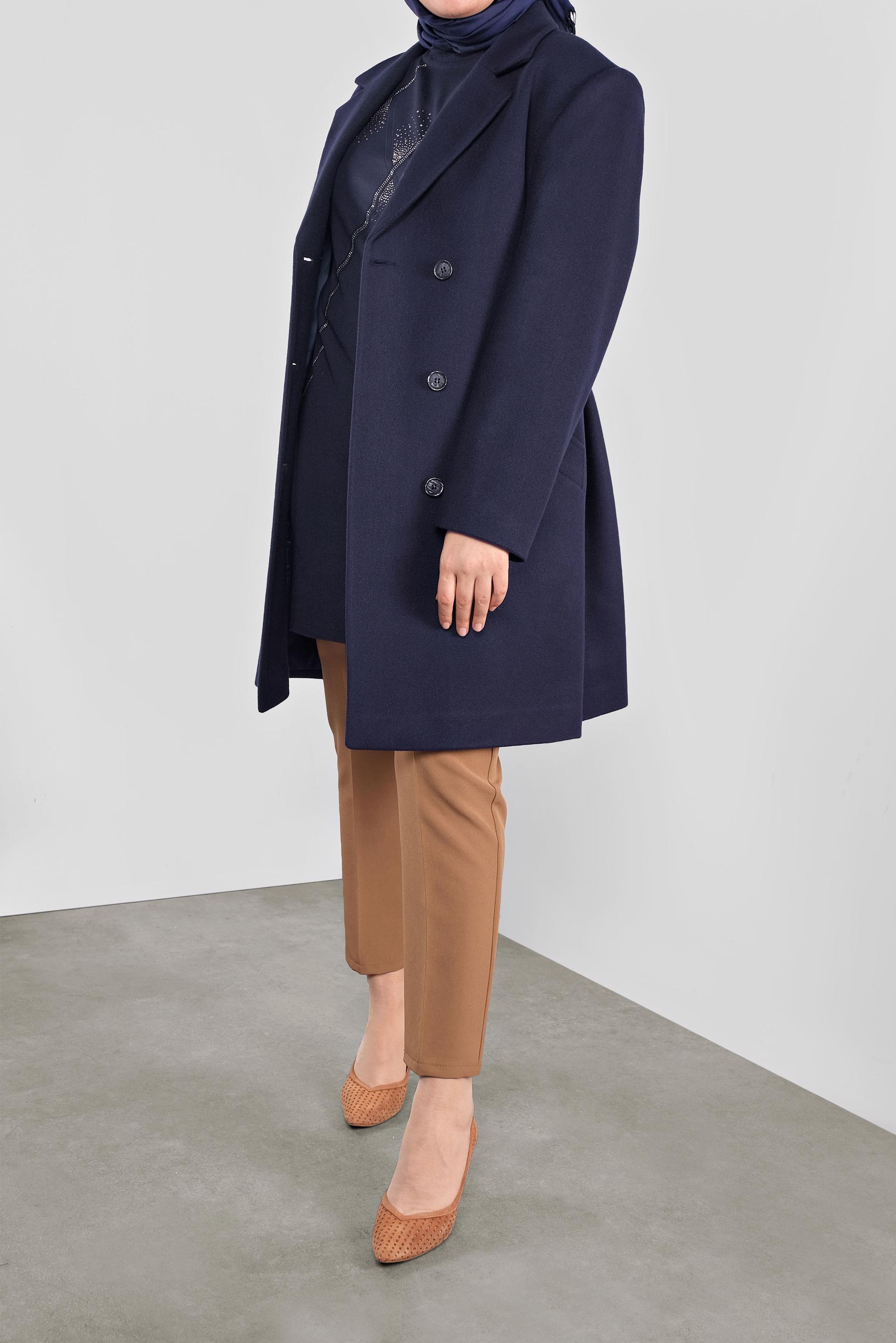 Tesettür giyim LACİVERT KRUVAZE YAKA KAŞE KABAN 90166 