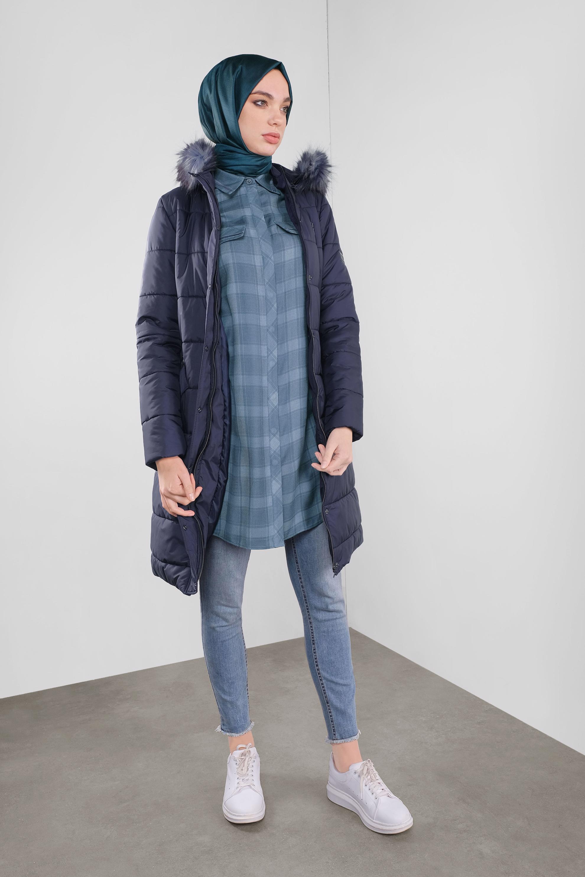 Hijab clothing NAVY BLUE FAUX-FUR-TRIM HOODED PUFFER COAT 90172 