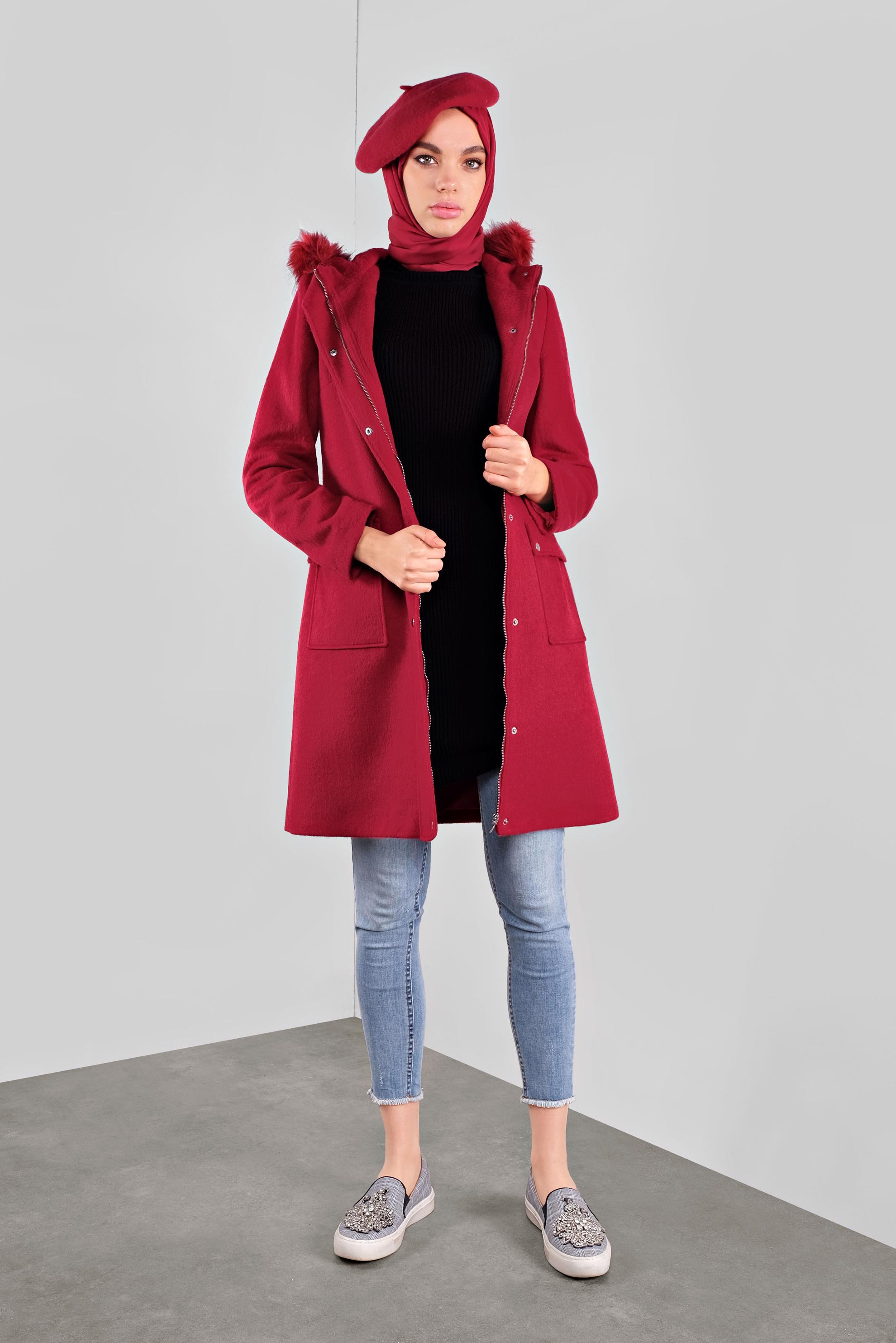 Vêtements hijab ROUGE CABAN EN LAINE À CAPUCHE 90176