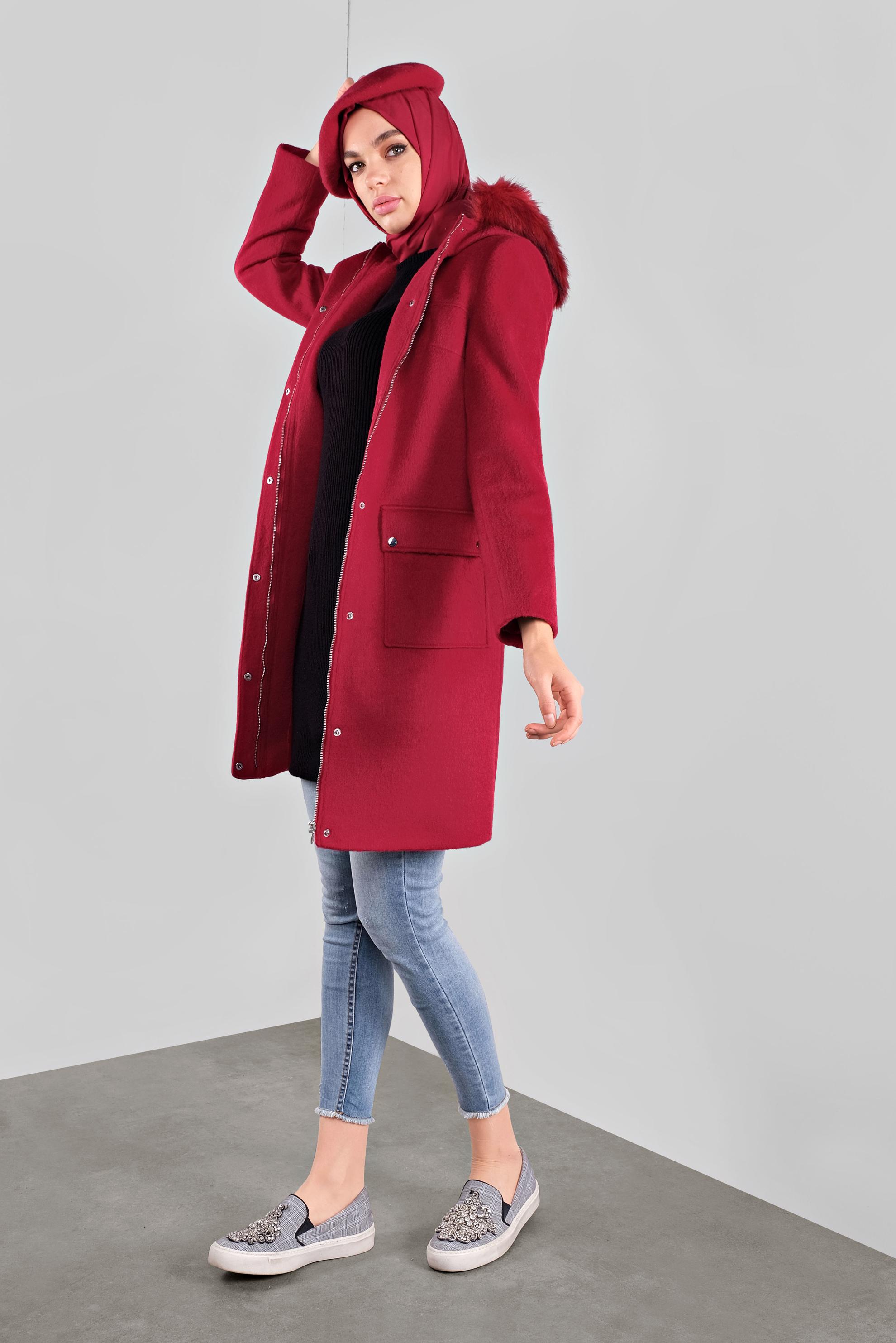 Vêtements hijab ROUGE CABAN EN LAINE À CAPUCHE 90176