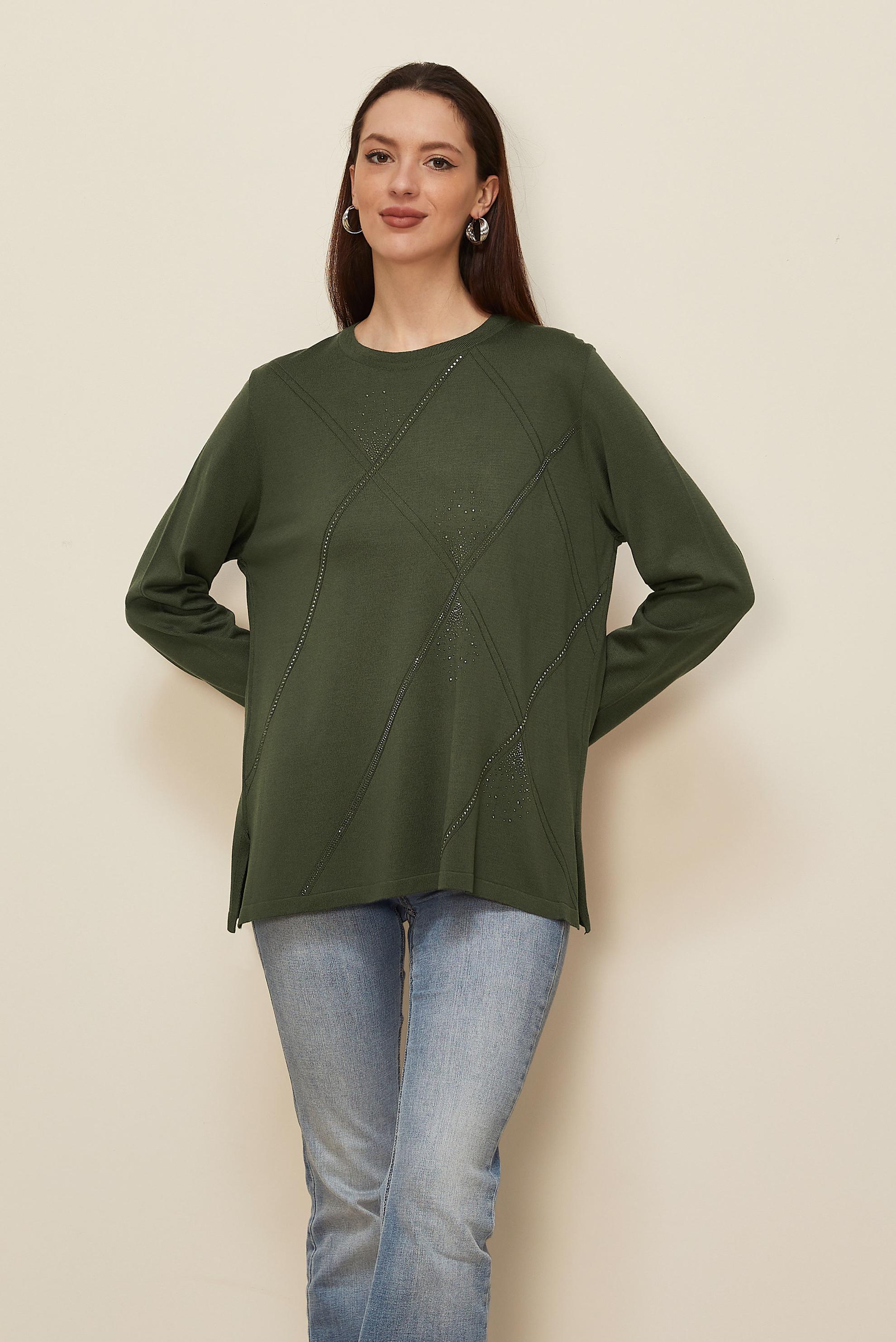 Tesettür giyim HAKİ TAŞ DETAYLI TRİKO KAZAK 20102