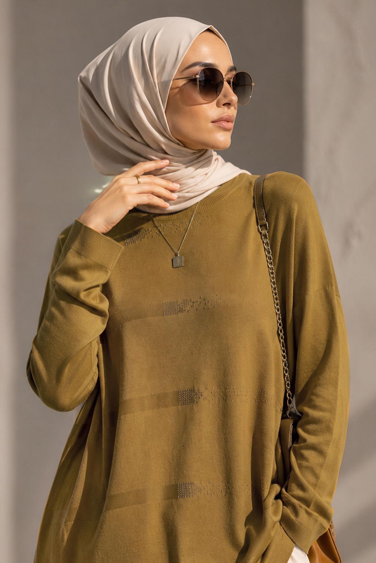 Vêtements hijab JAUNE PULL EN MAILLE DÉTAIL GEMME 20104