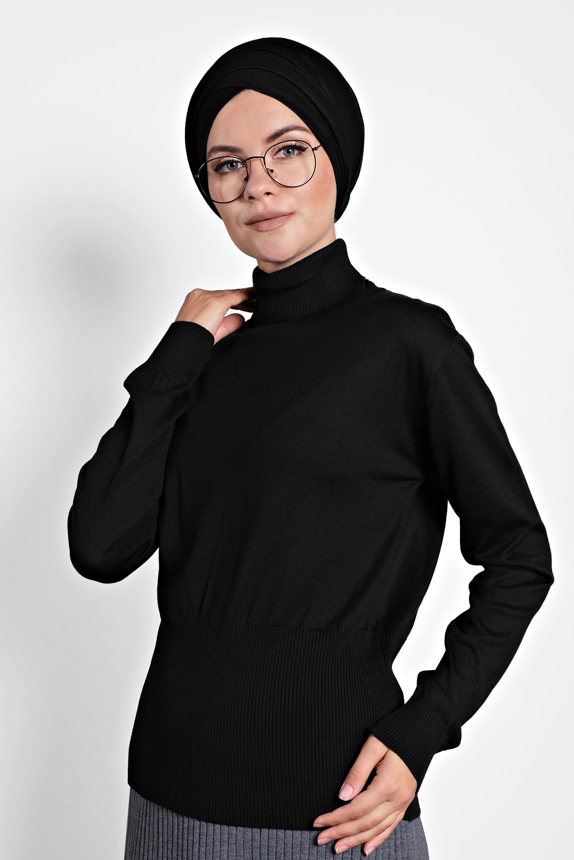 Tesettür giyim SİYAH BALIKÇI YAKA TRİKO KAZAK 40042