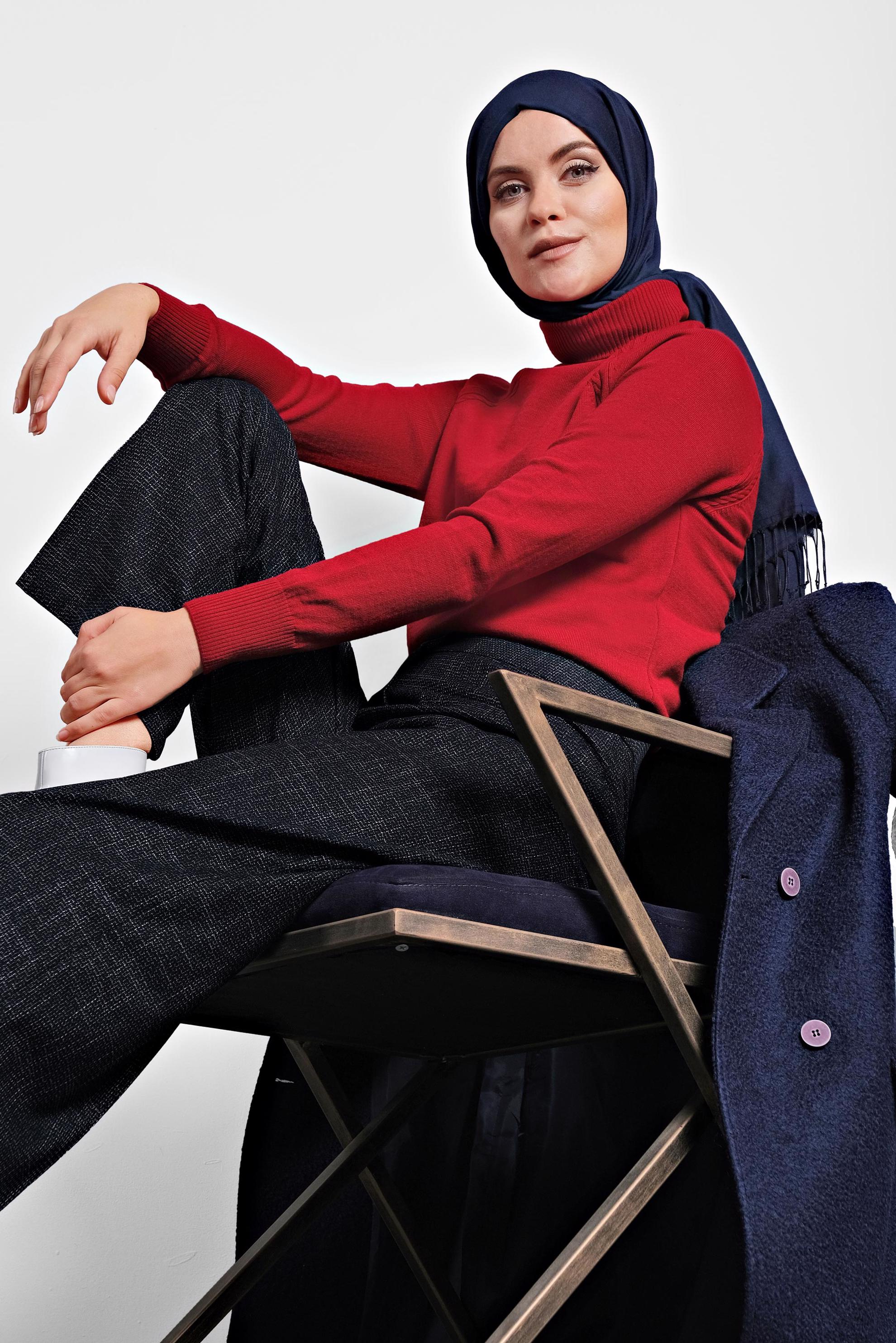 Tesettür giyim KIRMIZI BALIKÇI YAKA TRİKO KAZAK 40070 