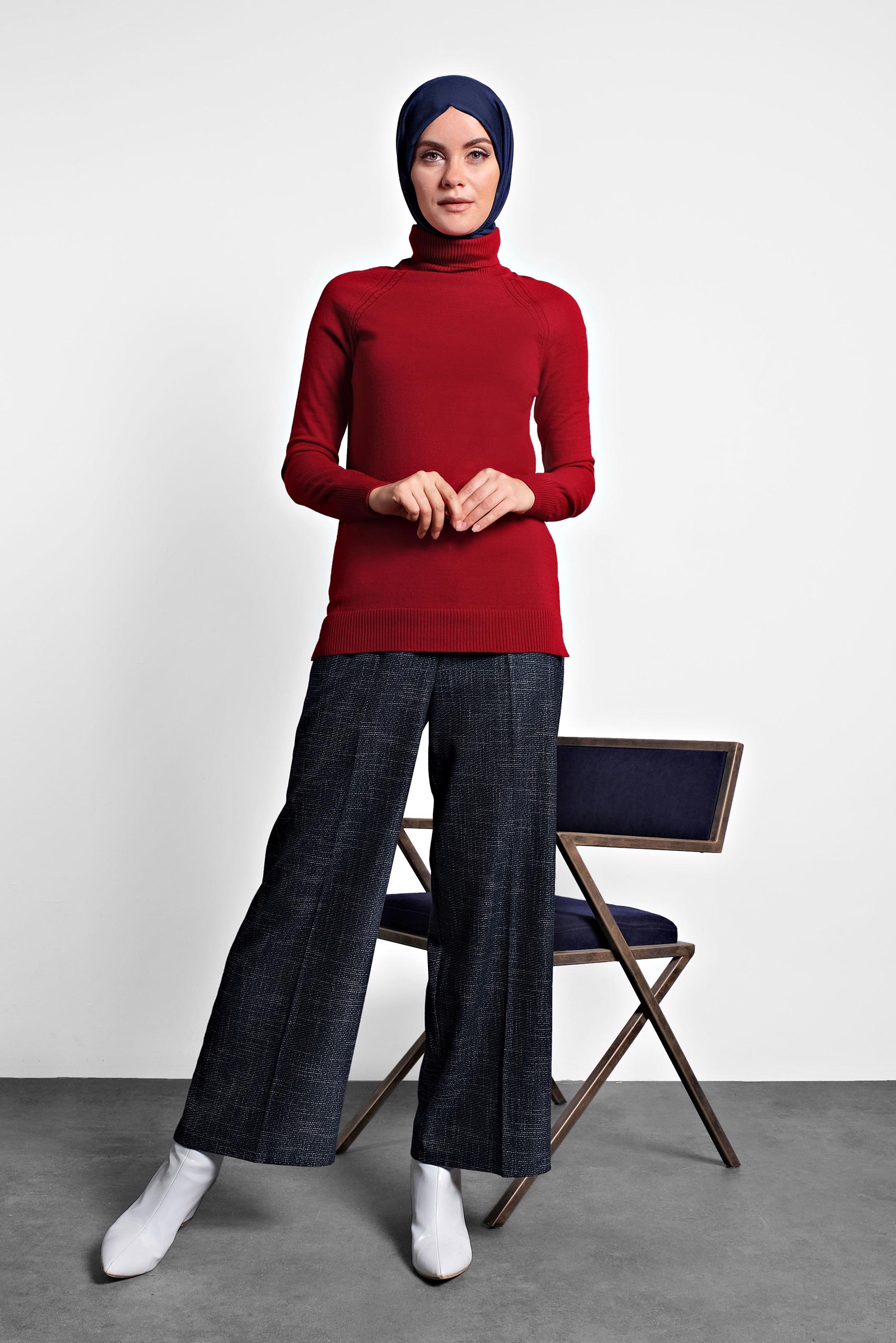 Tesettür giyim KIRMIZI BALIKÇI YAKA TRİKO KAZAK 40070 