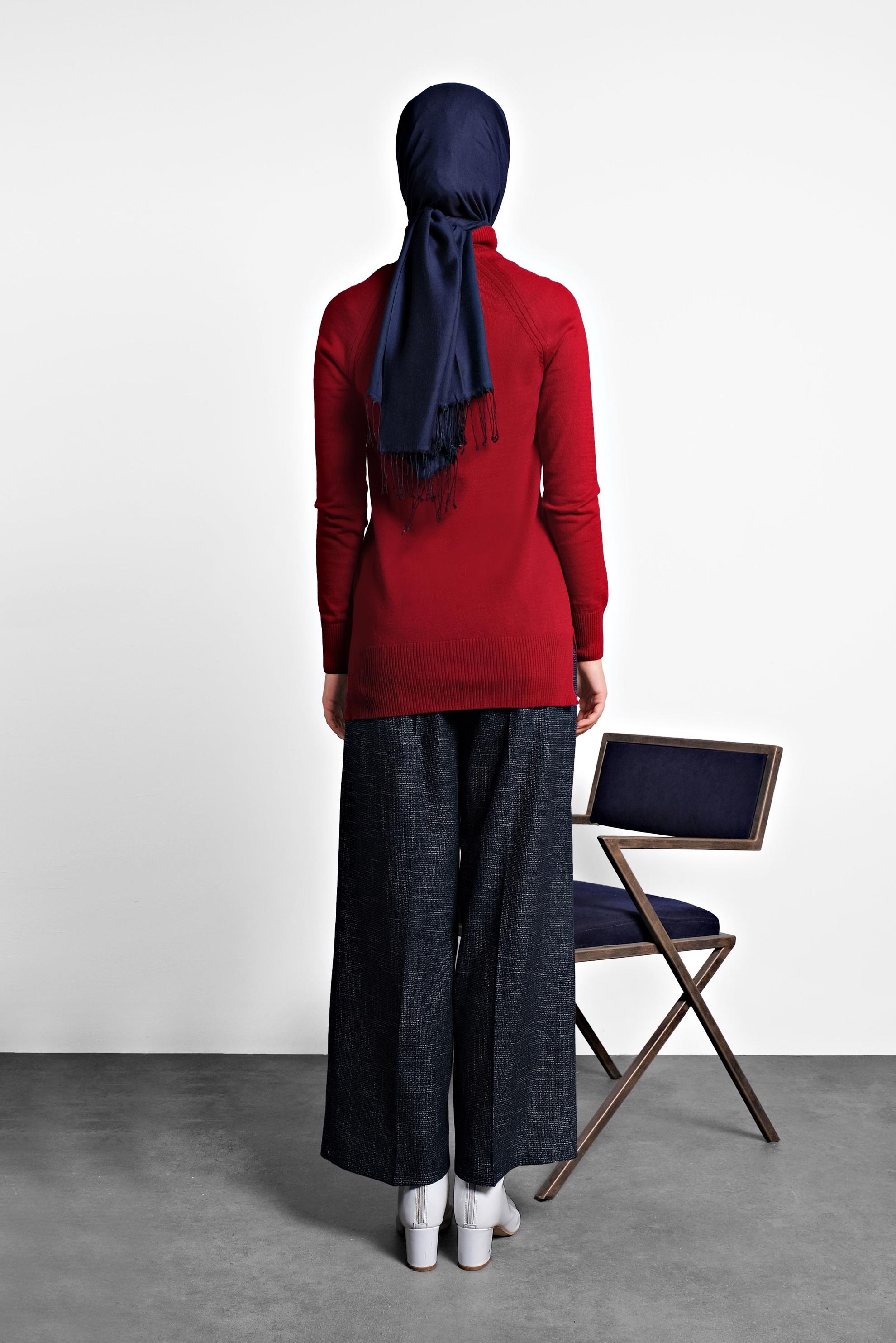 Tesettür giyim KIRMIZI BALIKÇI YAKA TRİKO KAZAK 40070 