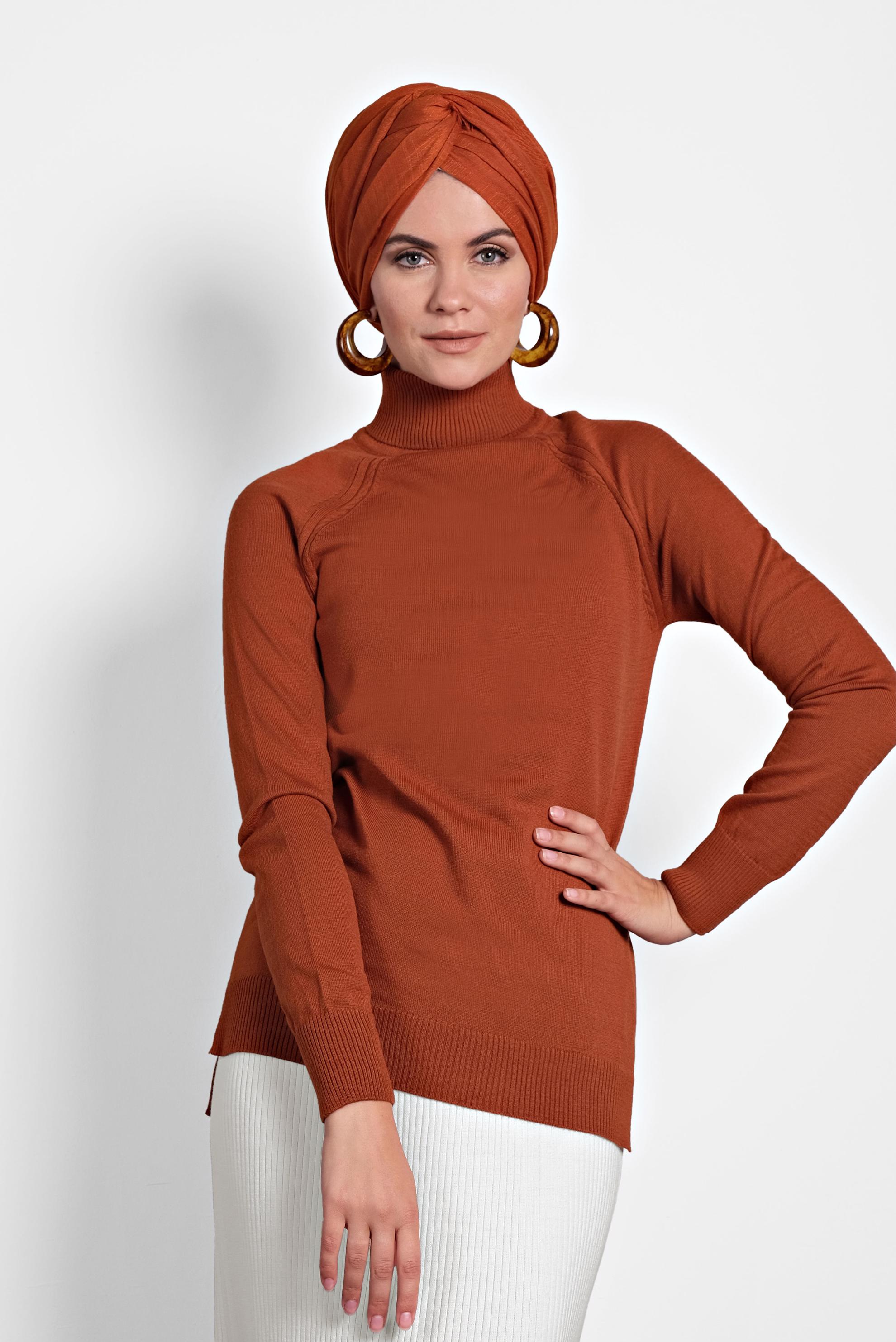 Tesettür giyim TURUNCU BALIKÇI YAKA TRİKO KAZAK 40070 