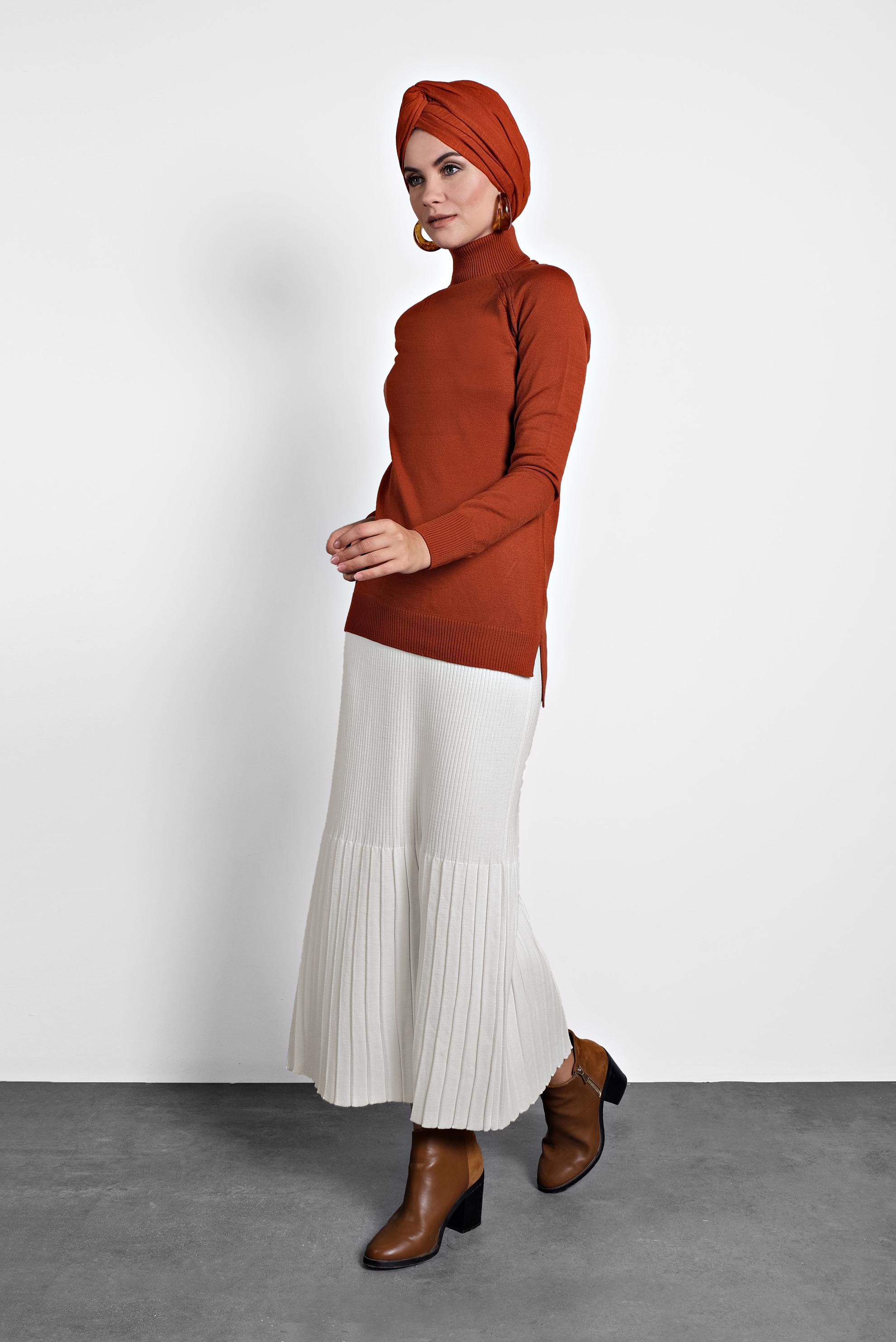 Tesettür giyim TURUNCU BALIKÇI YAKA TRİKO KAZAK 40070 