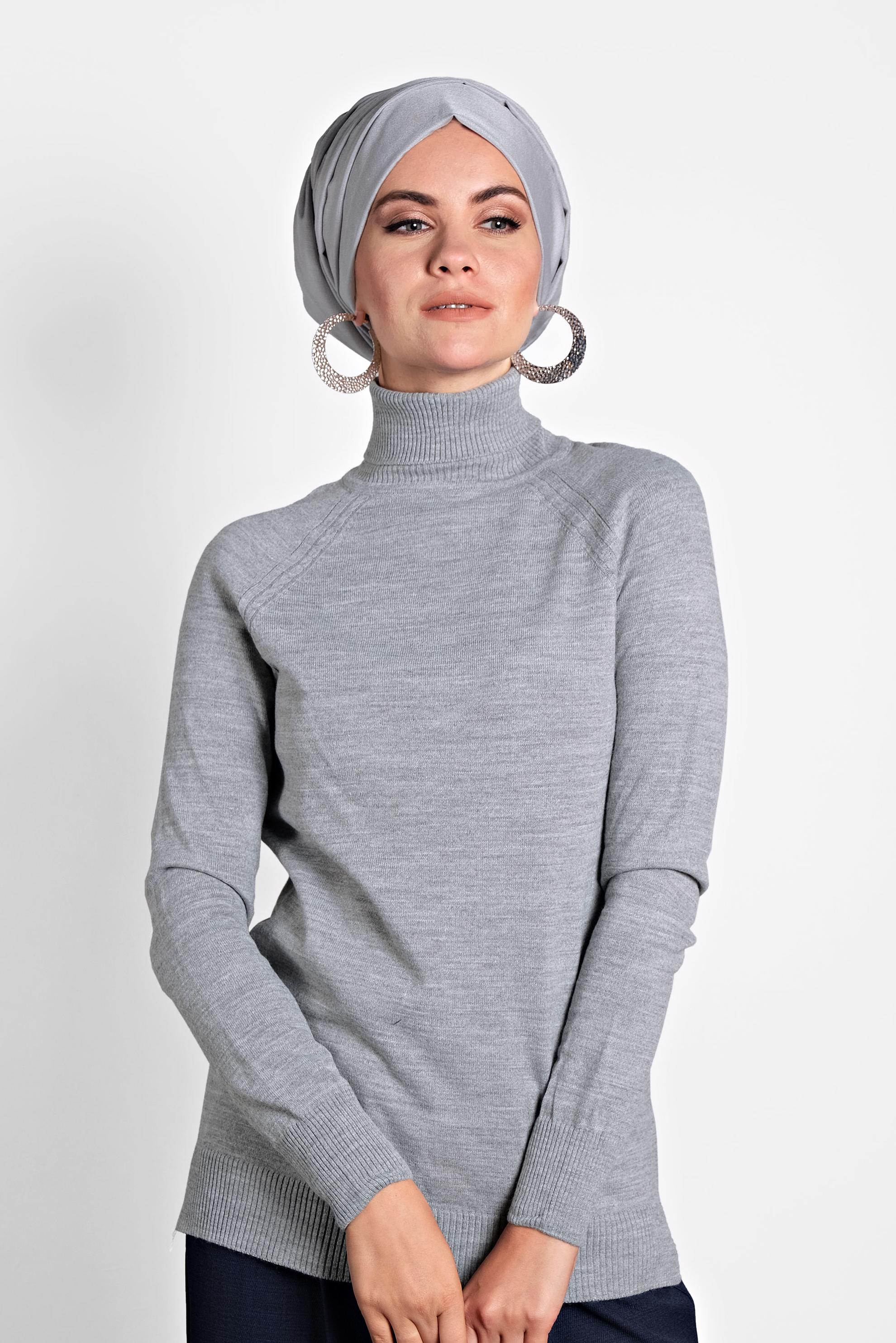 Tesettür giyim GRİ BALIKÇI YAKA TRİKO KAZAK 40070 