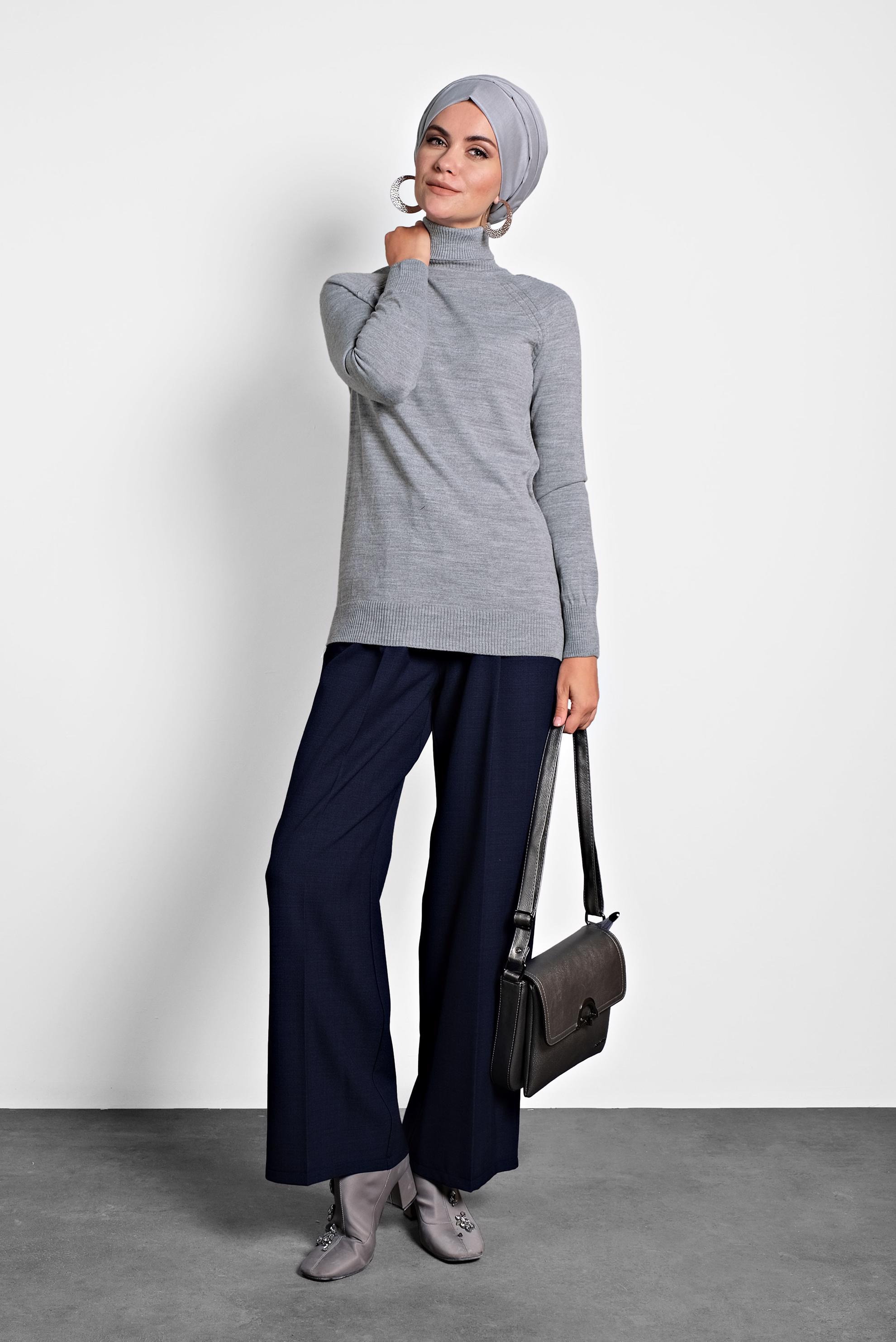 Tesettür giyim GRİ BALIKÇI YAKA TRİKO KAZAK 40070 