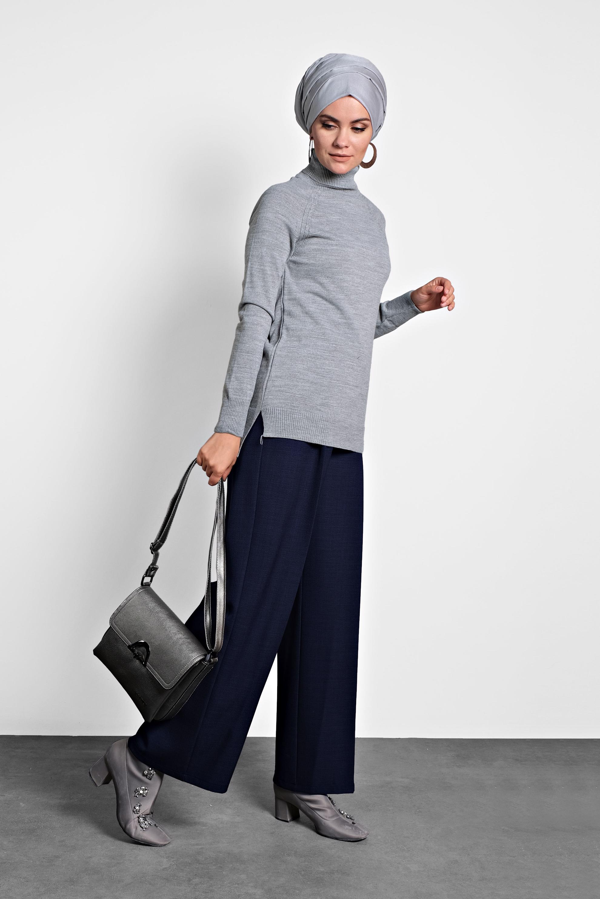 Tesettür giyim GRİ BALIKÇI YAKA TRİKO KAZAK 40070 