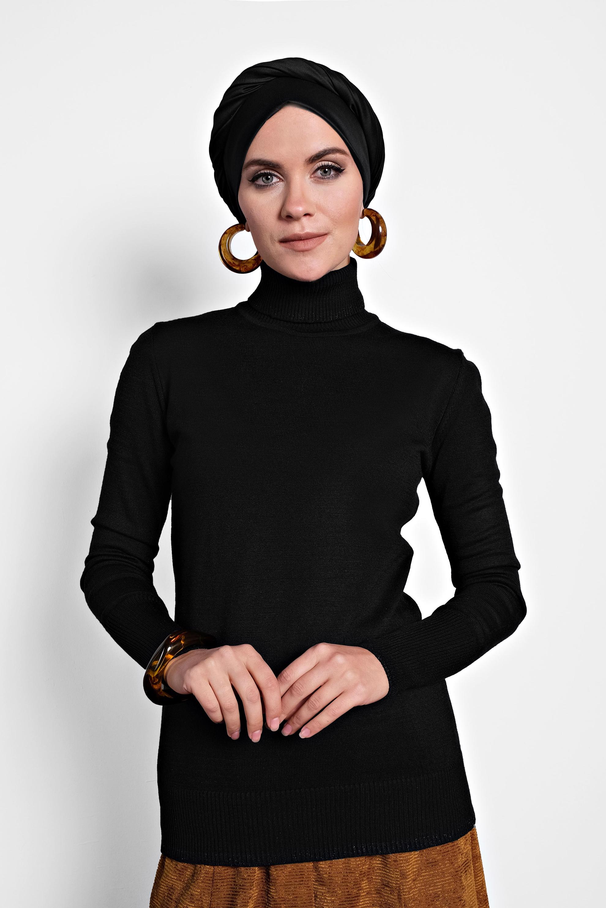 Tesettür giyim SİYAH BALIKÇI YAKA TRİKO KAZAK 40073