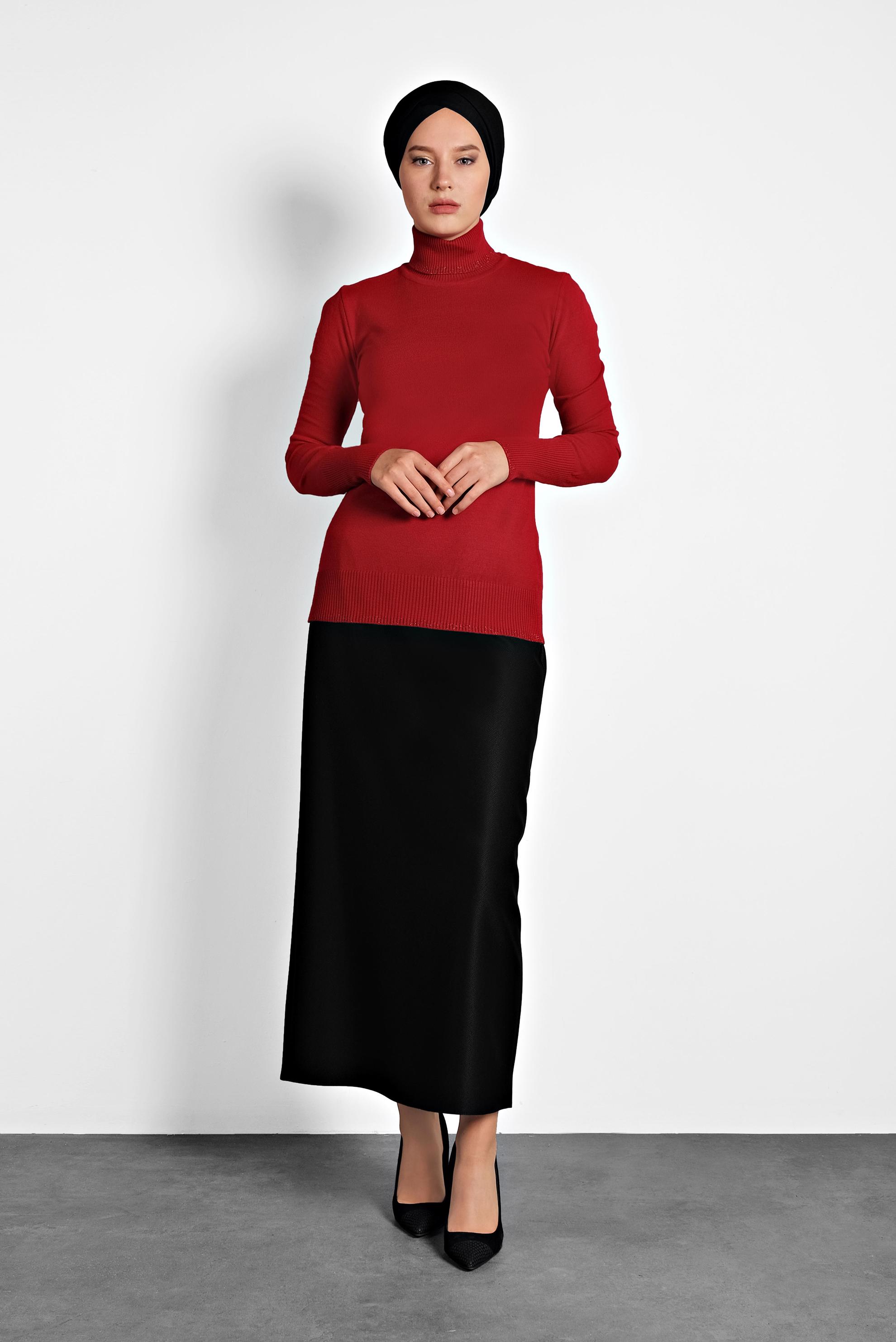 Tesettür giyim KIRMIZI BALIKÇI YAKA TRİKO KAZAK 40073