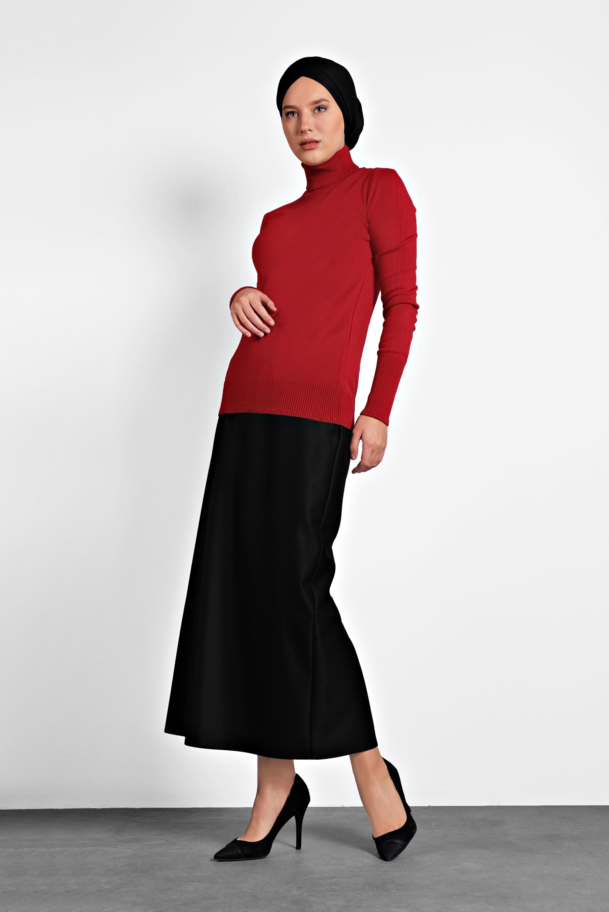 Tesettür giyim KIRMIZI BALIKÇI YAKA TRİKO KAZAK 40073