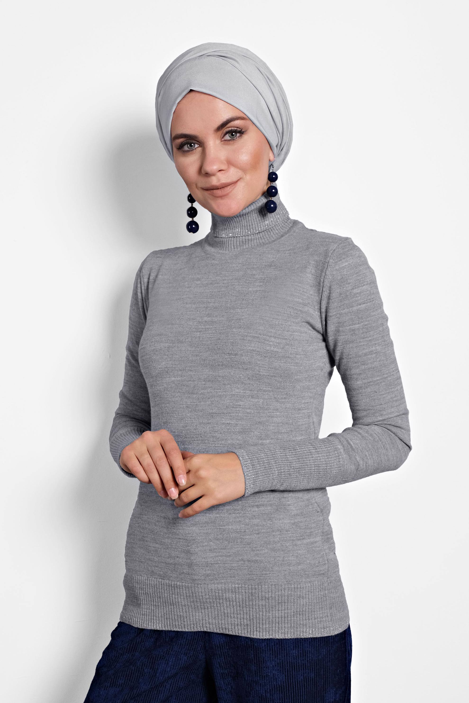 Tesettür giyim GRİ BALIKÇI YAKA TRİKO KAZAK 40073