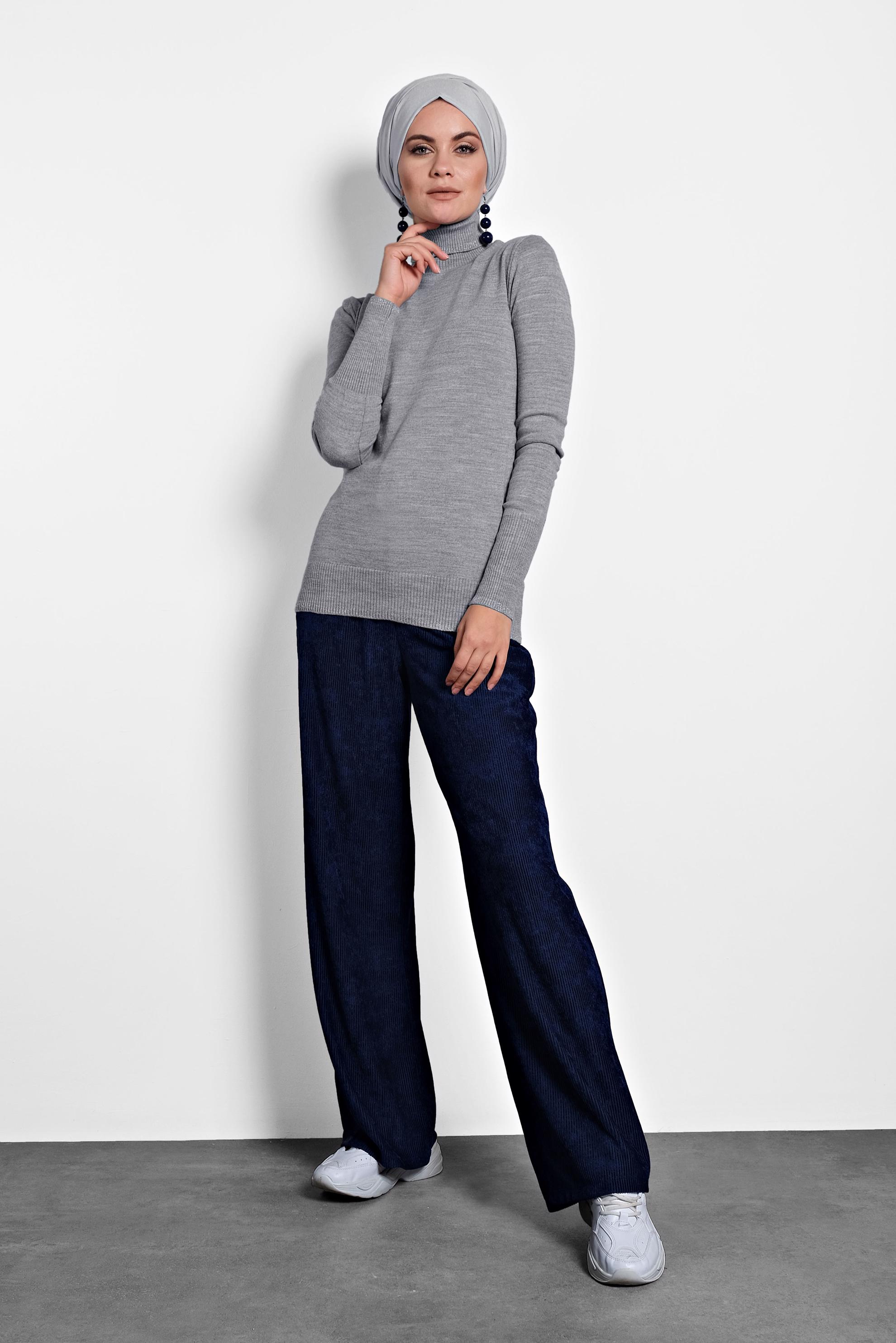 Tesettür giyim GRİ BALIKÇI YAKA TRİKO KAZAK 40073