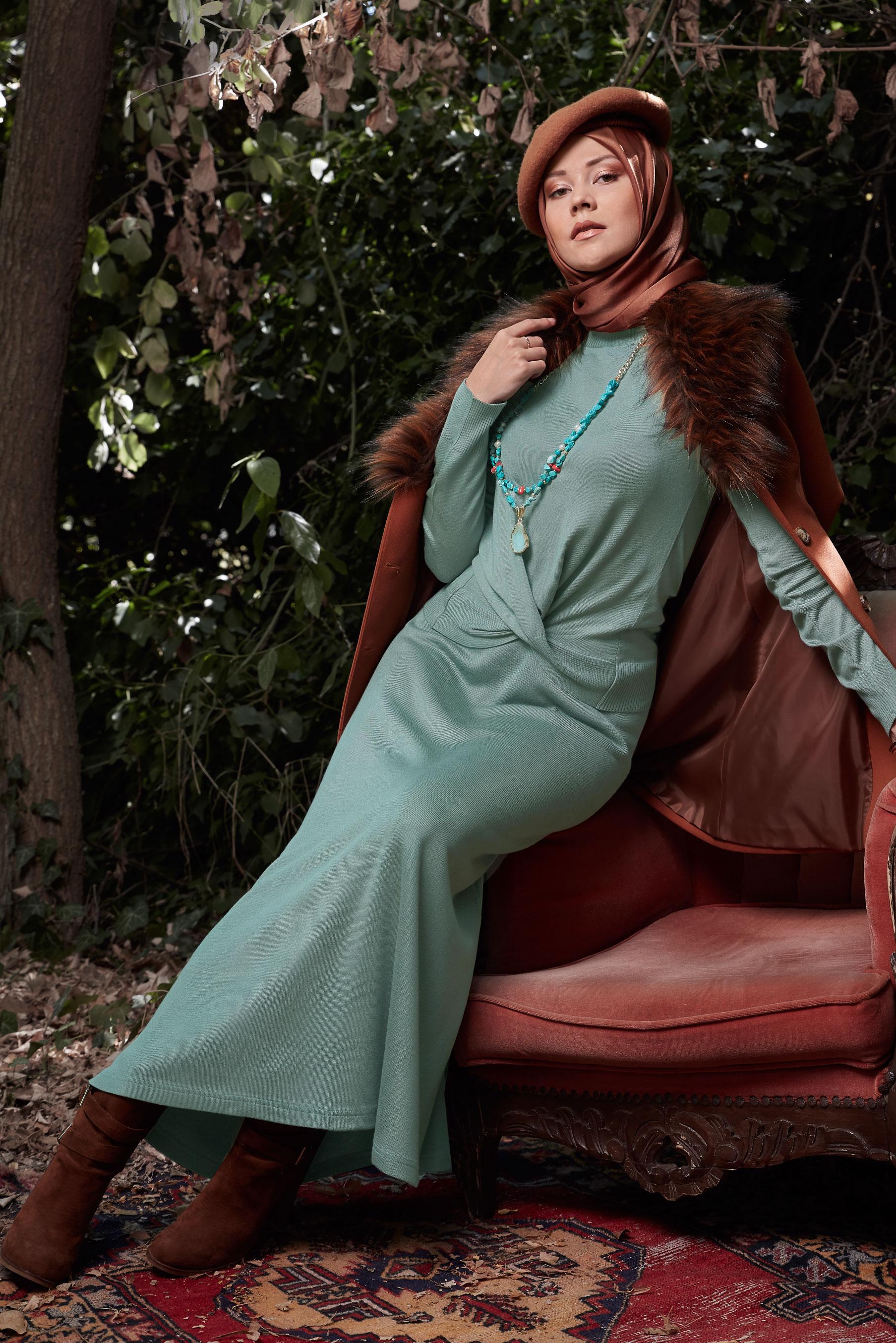 Tesettür giyim YEŞİL BÜZGÜLÜ TRİKO KAZAK  41024 