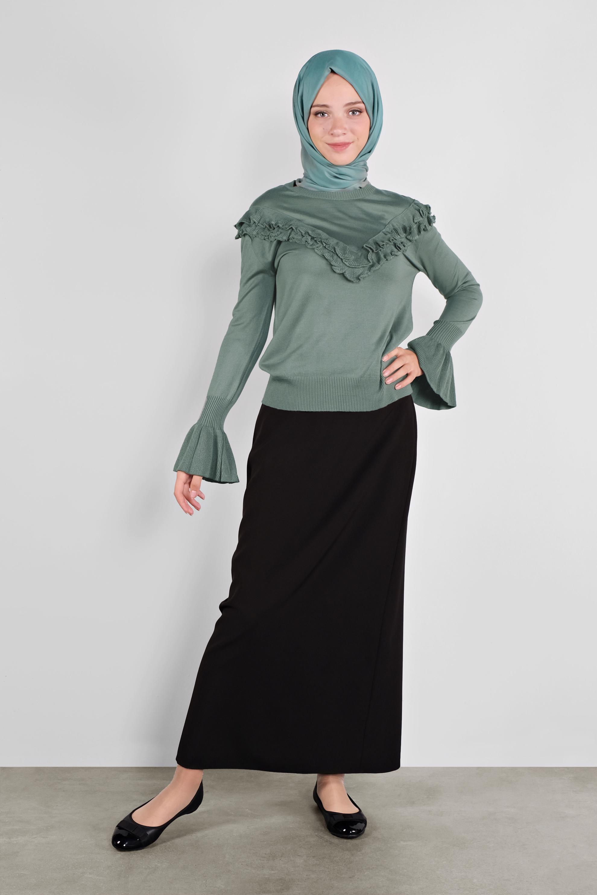 Tesettür giyim YEŞİL FIRFIRLI TRİKO KAZAK 41025 