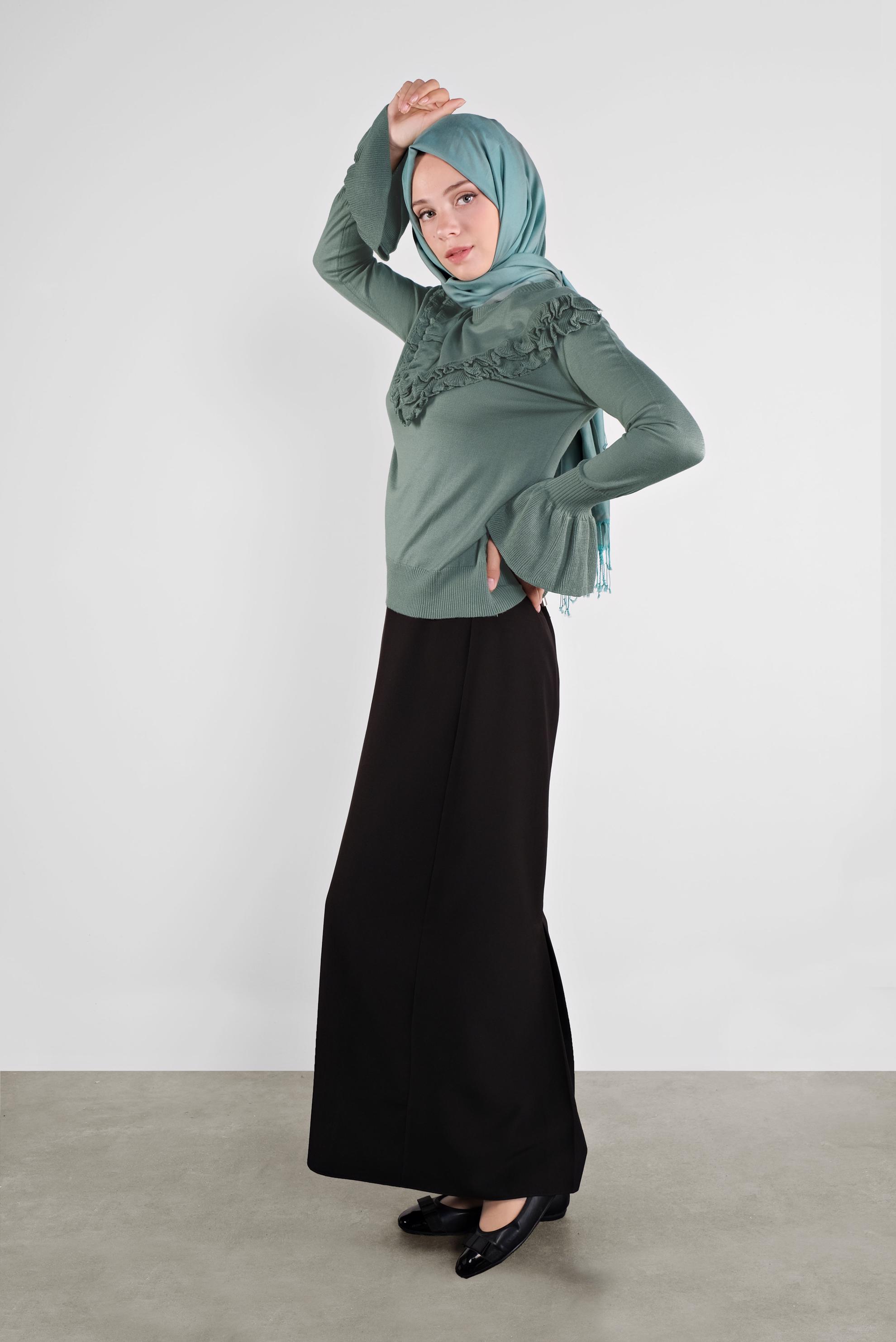 Tesettür giyim YEŞİL FIRFIRLI TRİKO KAZAK 41025 