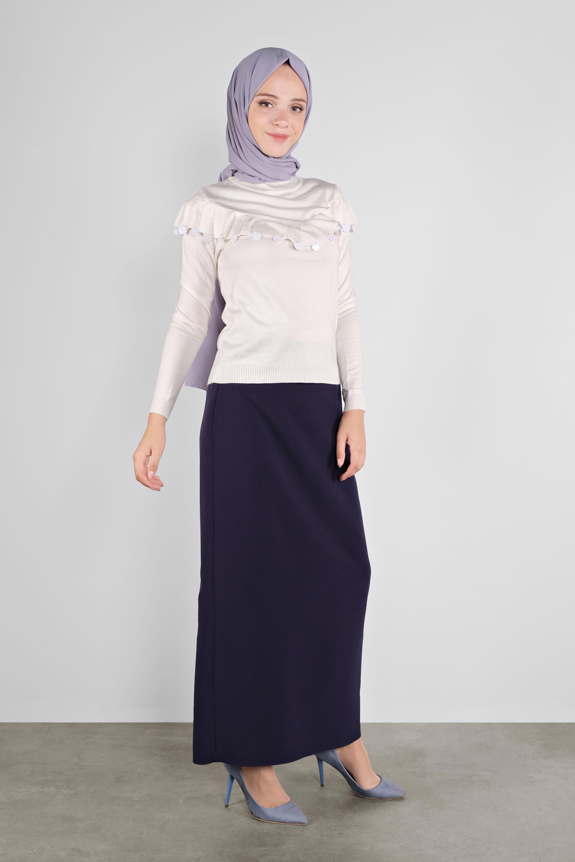 Tesettür giyim BEYAZ PULLU FIRFIRLI TRİKO KAZAK 41026 