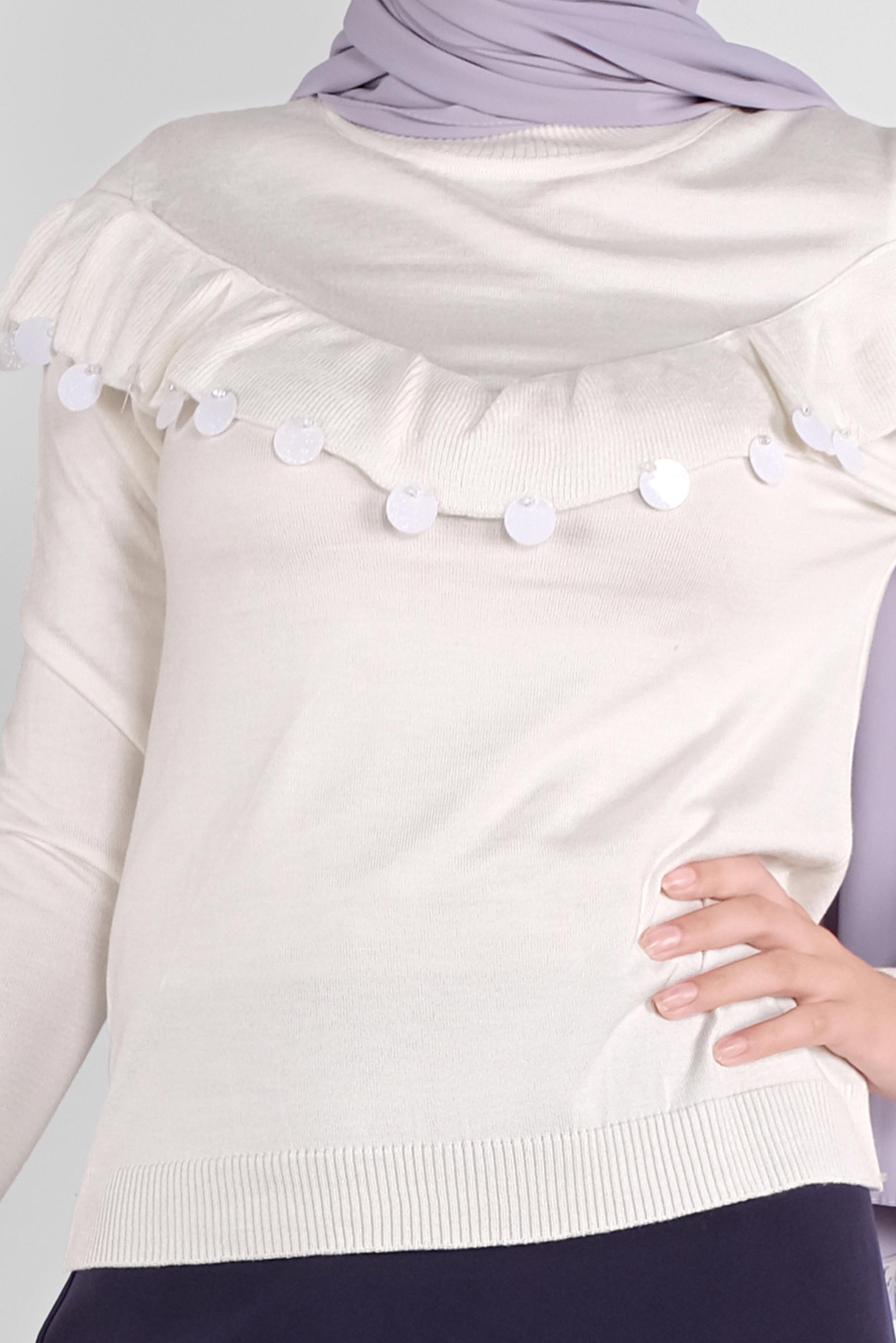 Tesettür giyim BEYAZ PULLU FIRFIRLI TRİKO KAZAK 41026 