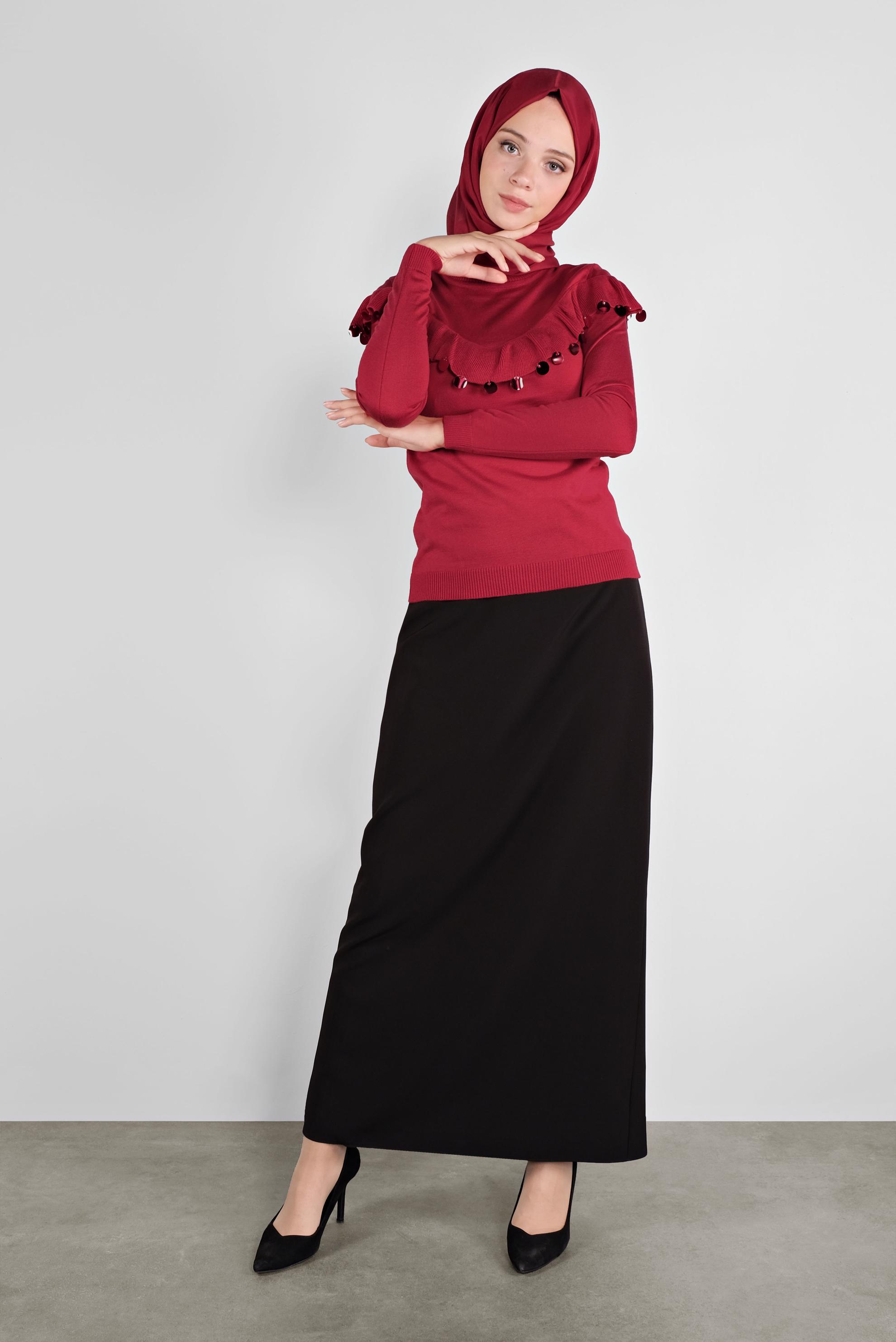 Tesettür giyim KIRMIZI PULLU FIRFIRLI TRİKO KAZAK 41026 