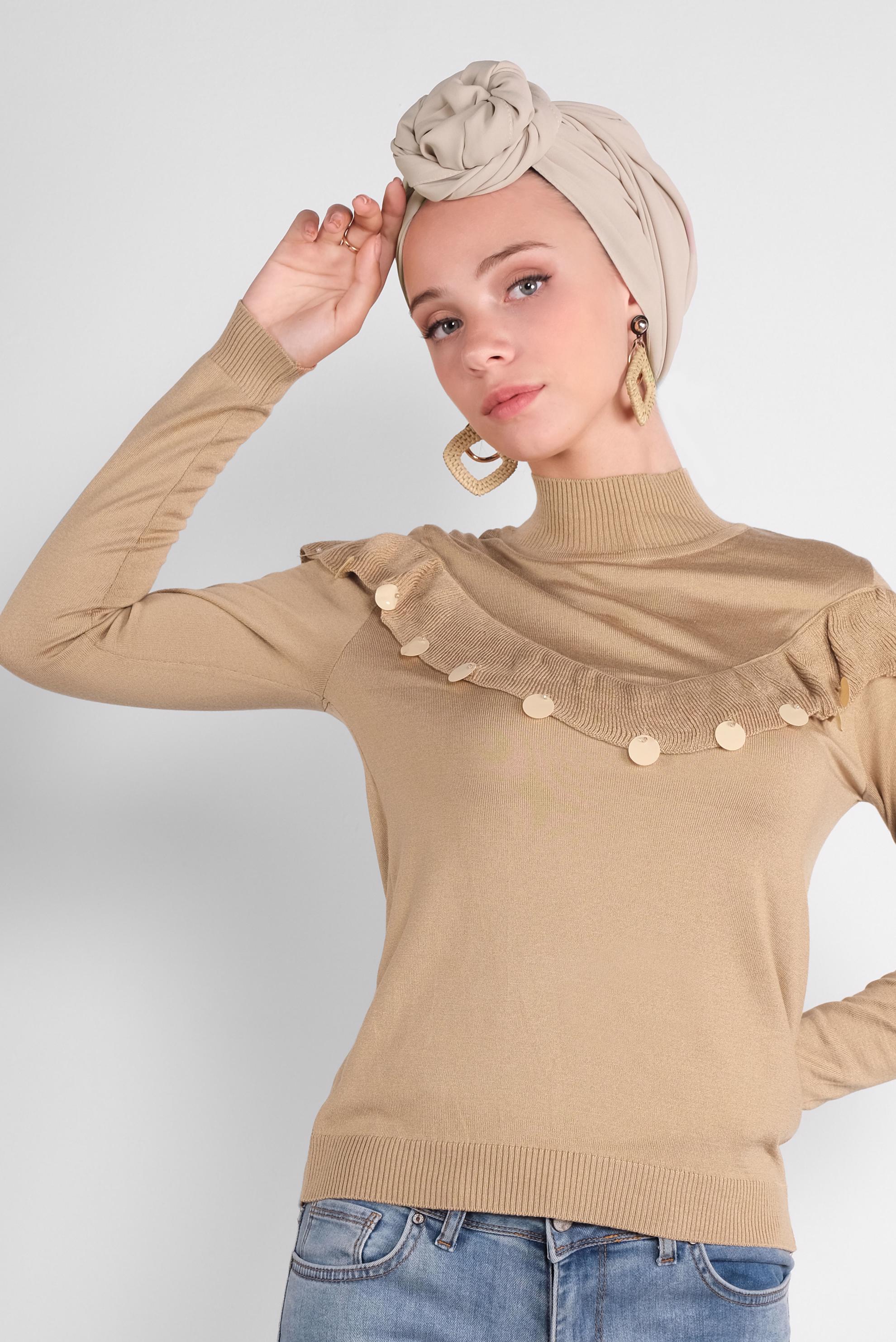 Hijab clothing BROWN SEQUINED RUFFLED KNIT SWEATER 41026 