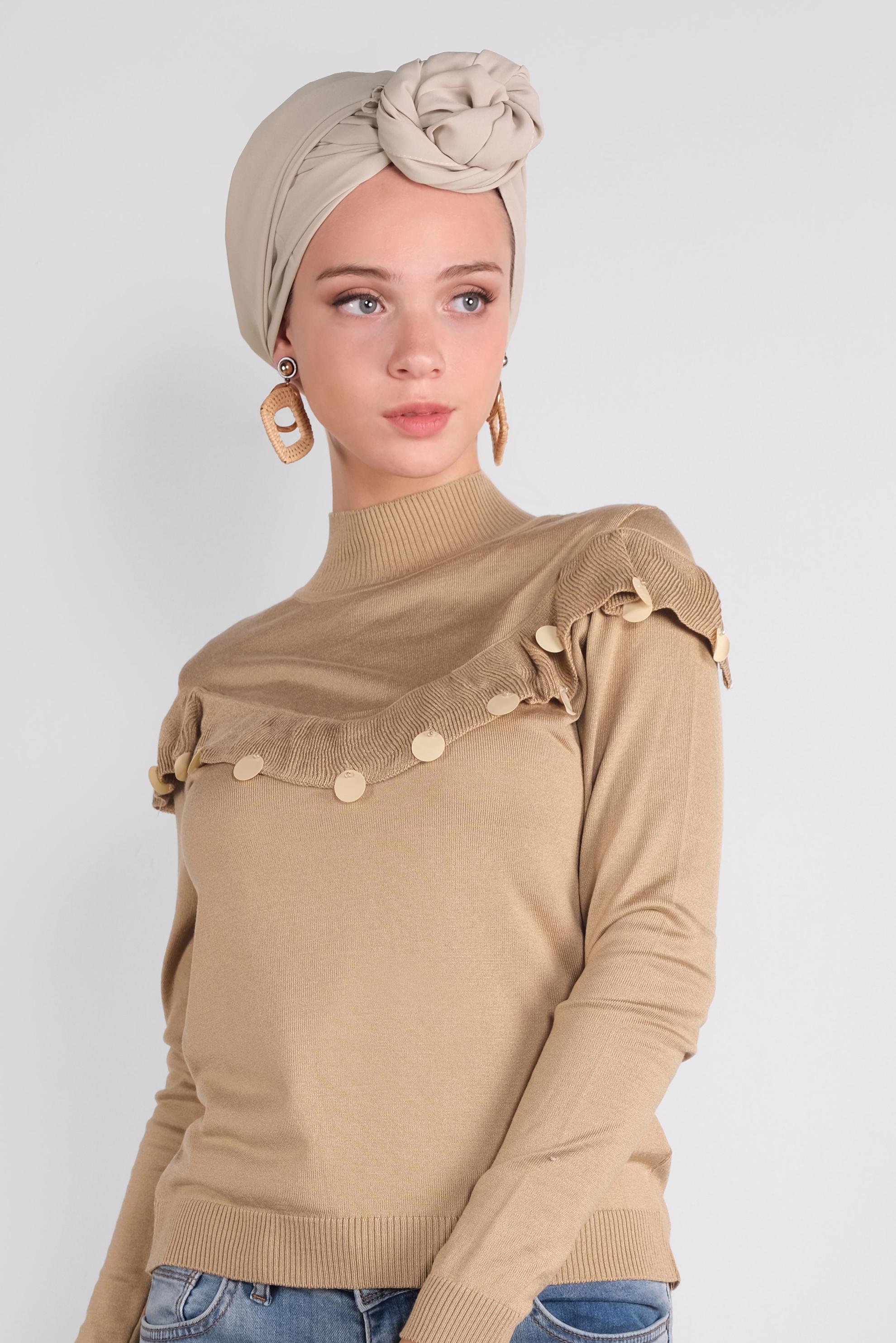 Hijab clothing BROWN SEQUINED RUFFLED KNIT SWEATER 41026 