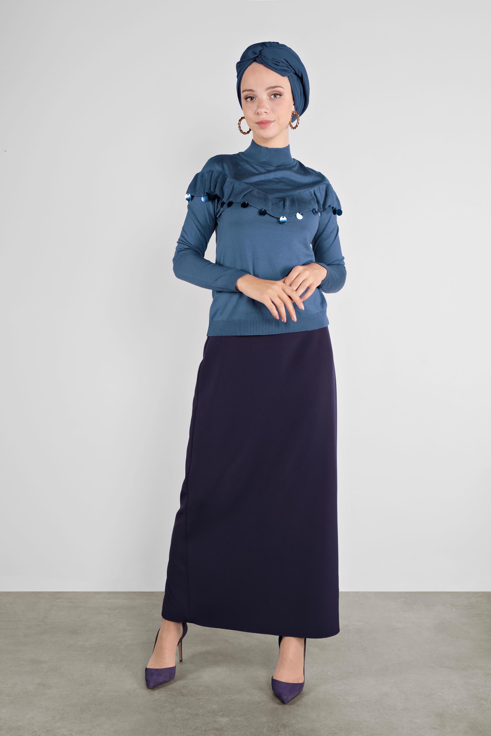 Hijab clothing NAVY BLUE SEQUINED RUFFLED KNIT SWEATER 41026 